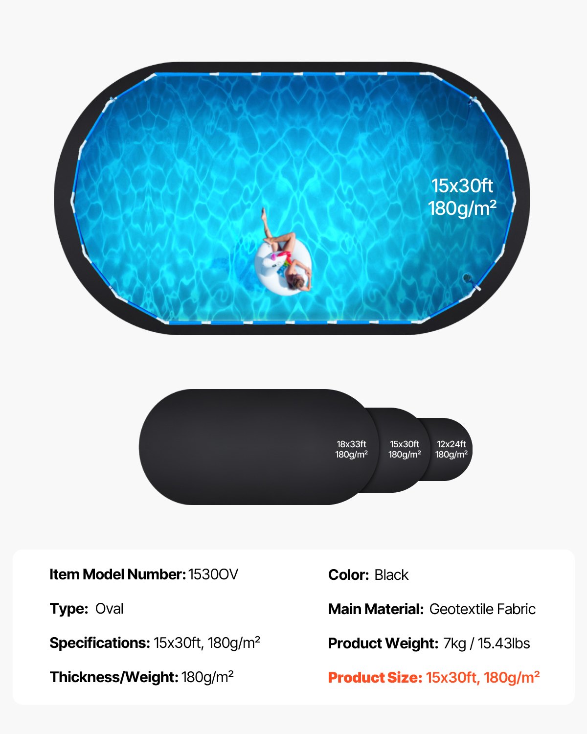 VEVOR Oval Pool Liner Pad, 15 x 30 ft Pool Liner Pad for Above Ground Swimming Pools, Extra-Thick Pool Mat, Prevents Punctures, Recycled Geotextile Material Underlayment Pad, Extend Liner Life