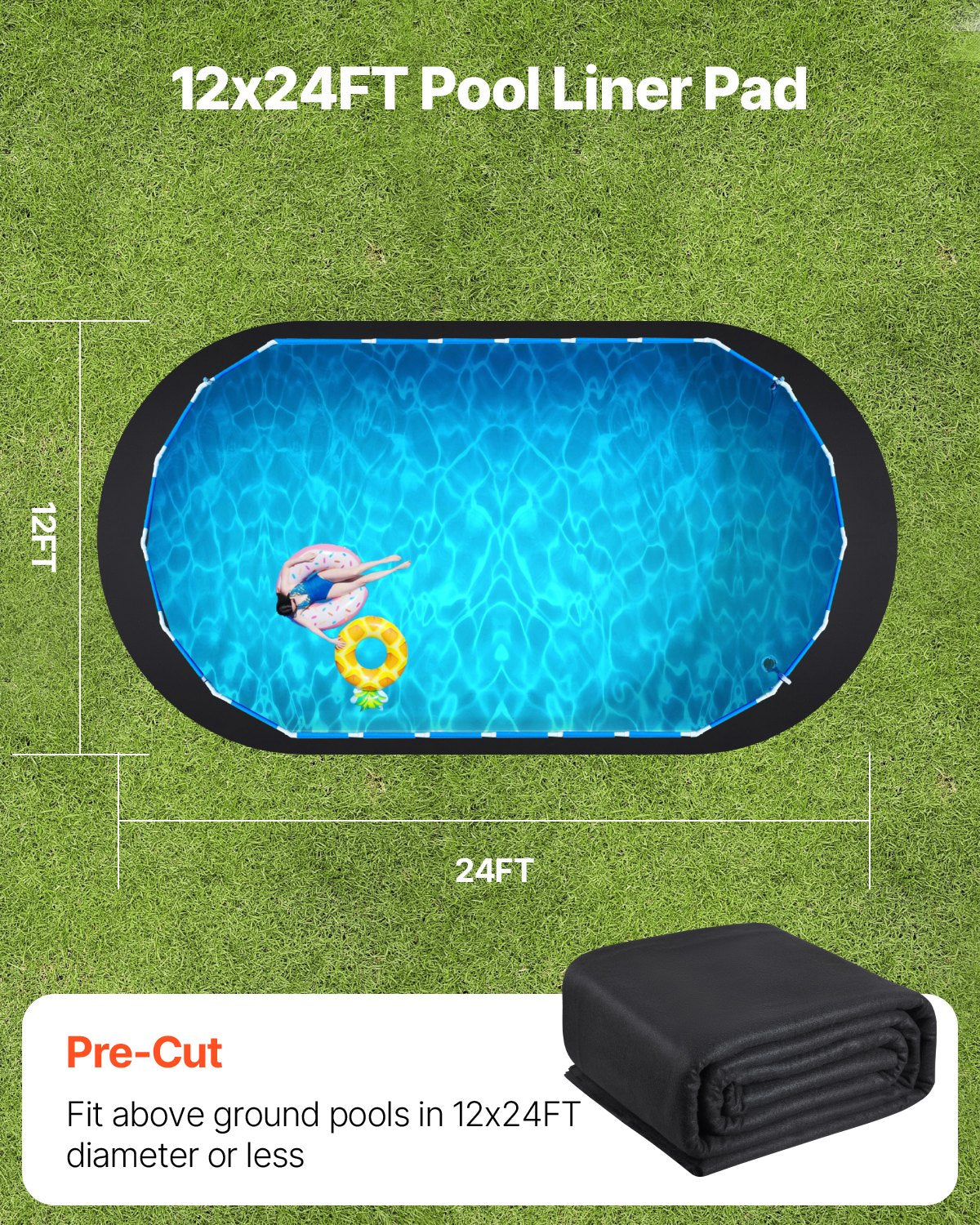 VEVOR Oval Pool Liner Pad, 12 x 24 ft Pool Liner Pad for Above Ground Swimming Pools, Extra-Thick Pool Mat, Prevents Punctures, Recycled Geotextile Material Underlayment Pad, Extend Liner Life
