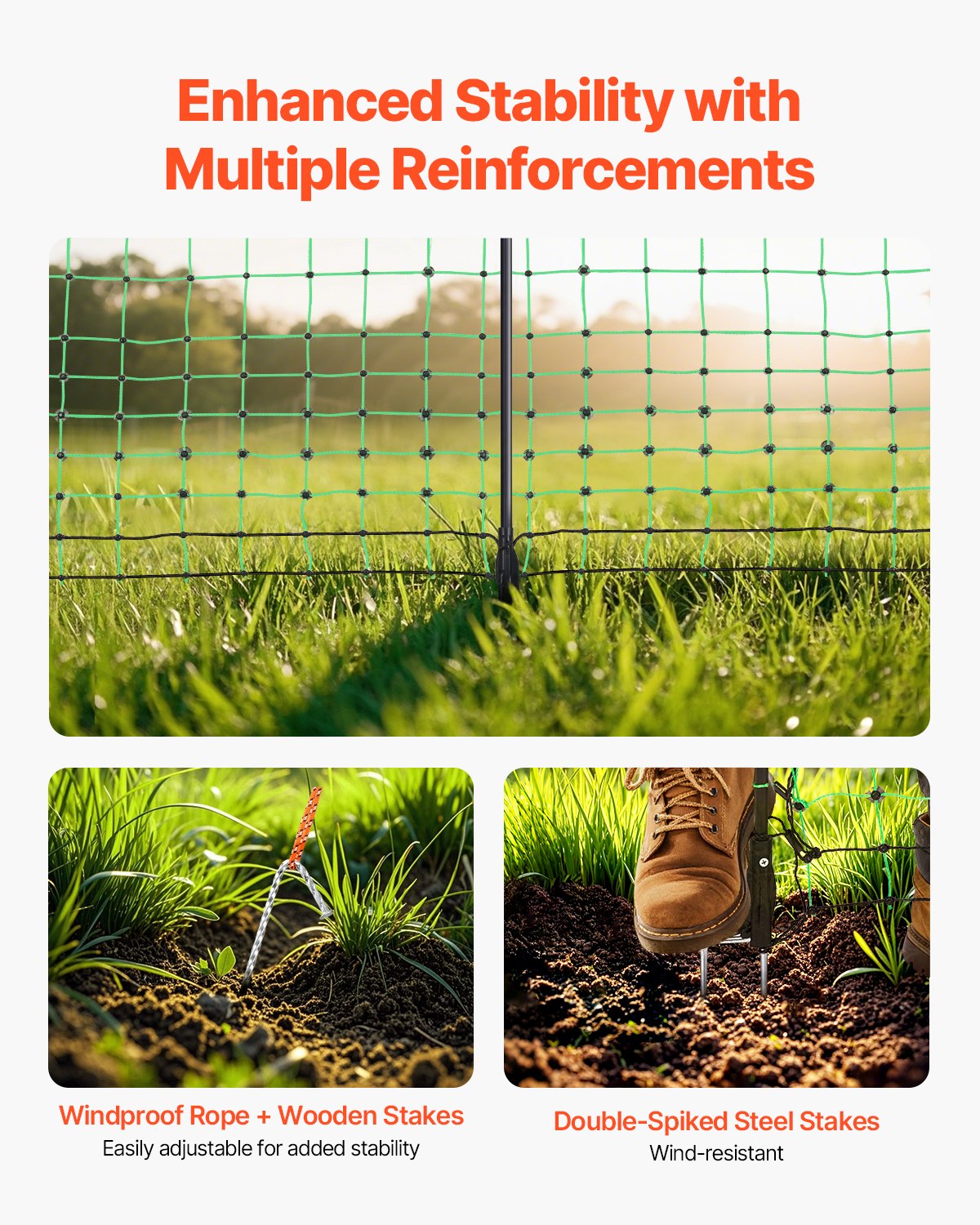 VEVOR Electric Fence Netting, 0.88 x 49.98 m, PE Net Fencing with Posts & Double-Spiked Stakes, Utility Portable Mesh for Goats, Sheep, Lambs, Deer, Hogs, Dogs, Used in Backyards, Farms, and Ranches