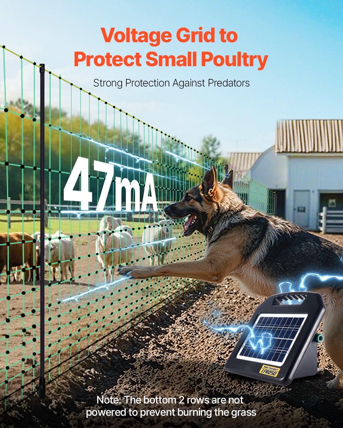 VEVOR Electric Fence Netting, 0.88 x 49.98 m, PE Net Fencing with Posts & Double-Spiked Stakes, Utility Portable Mesh for Goats, Sheep, Lambs, Deer, Hogs, Dogs, Used in Backyards, Farms, and Ranches