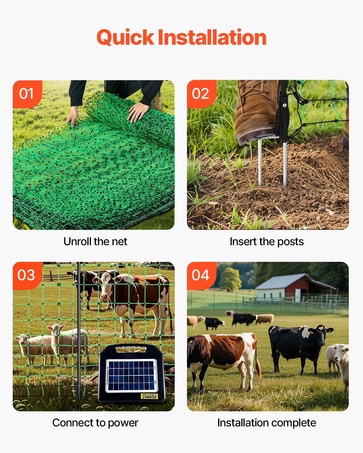 VEVOR Electric Fence Netting, 0.88 x 49.98 m, PE Net Fencing with Posts & Double-Spiked Stakes, Utility Portable Mesh for Goats, Sheep, Lambs, Deer, Hogs, Dogs, Used in Backyards, Farms, and Ranches