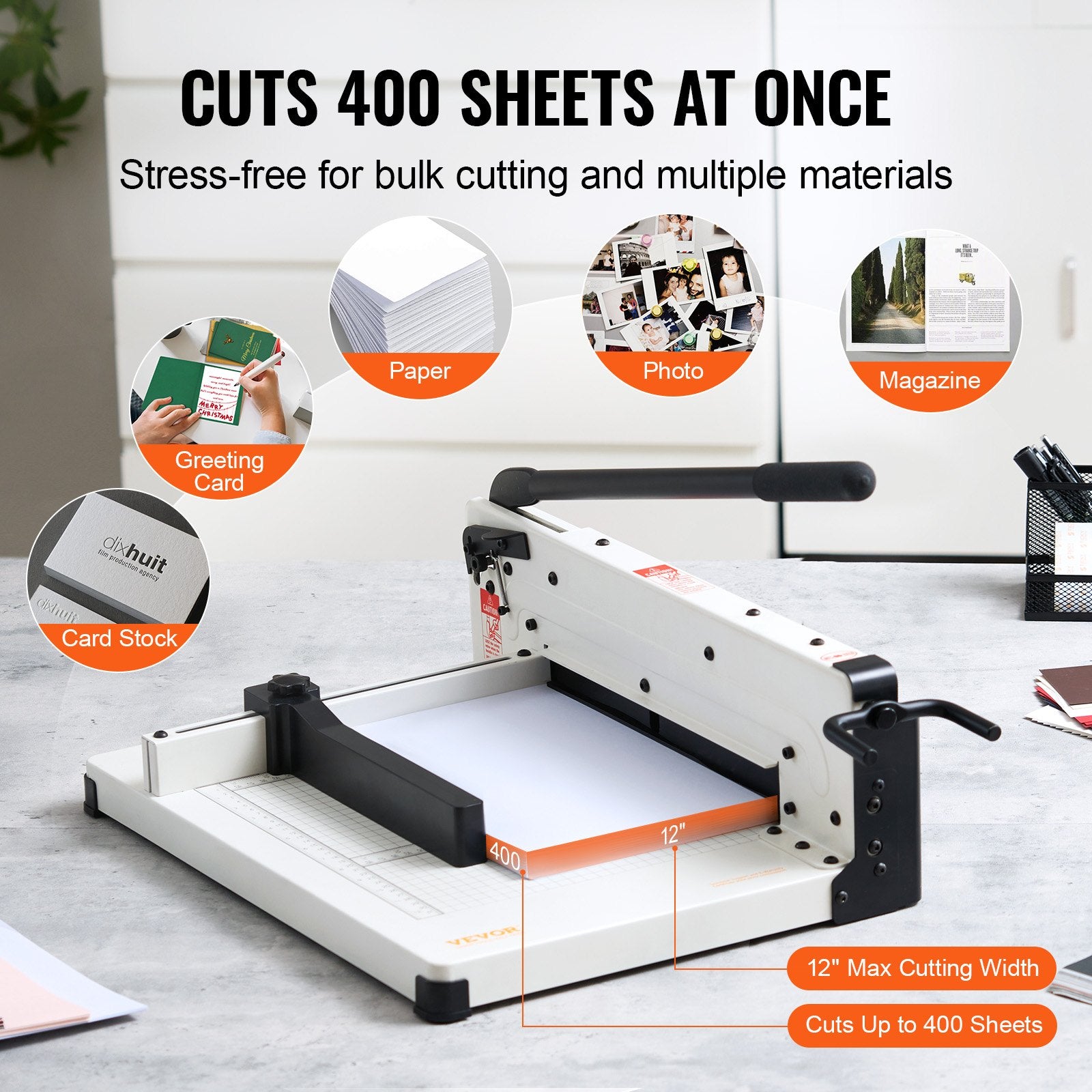 VEVOR Heavy Duty Paper Cutter, 304.8 mm Industrial Commercial Guillotine Paper Cutter for A4 Paper, 400 Sheet Capacity, Solid Steel Construction, Stack Paper Trimmer for Office Home School Shop, White