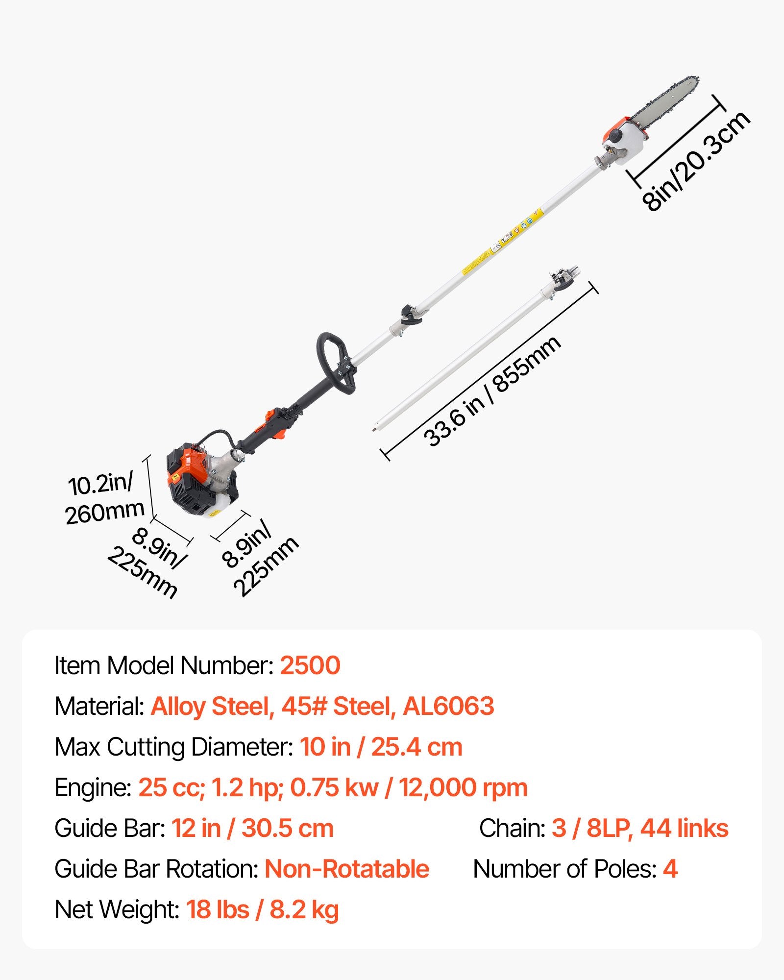 VEVOR Gas Pole Saw, 25CC 2 Stroke Gas Powered Pole Saws with 20.3 cm Cutting Bar, Cordless Tree Trimmer with 650ml Fuel Tank, 2 to 2.74 m Extendable, Powerful Chainsaw for Tree Trimming Pruning