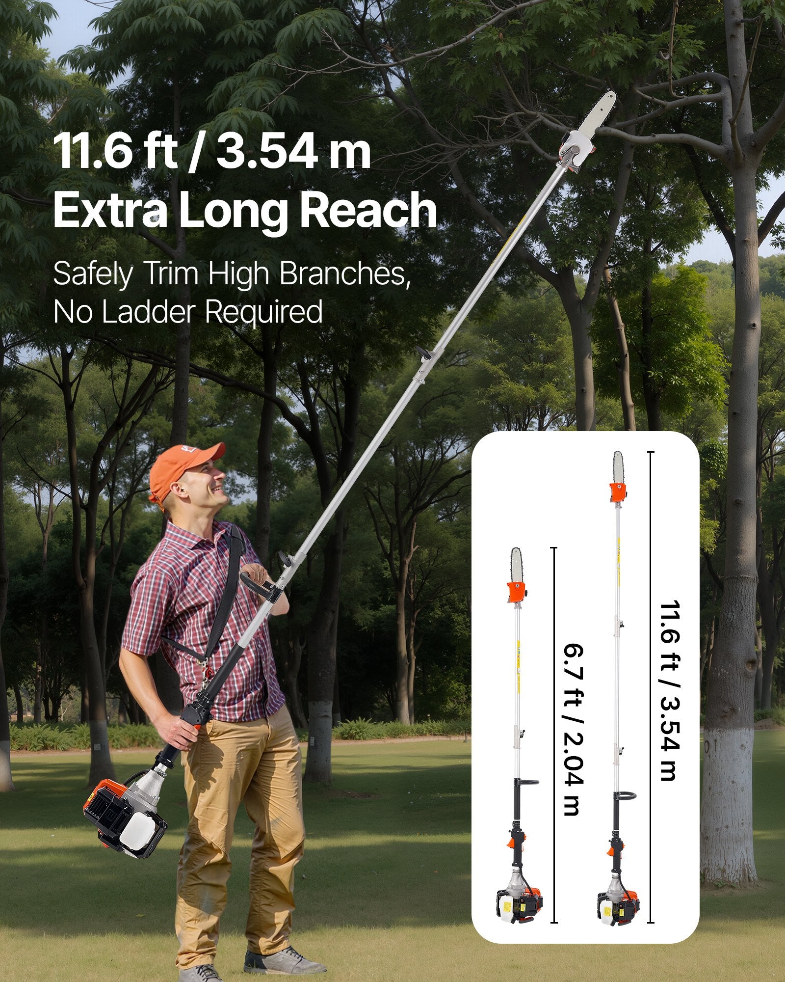 VEVOR Gas Pole Saw, 33CC 2 Stroke Gas Powered Pole Saws with 20.3 cm Cutting Bar, Cordless Tree Trimmer with 850ml Fuel Tank, 2 to 3.5 m Extendable, Powerful Chainsaw for Tree Trimming Pruning