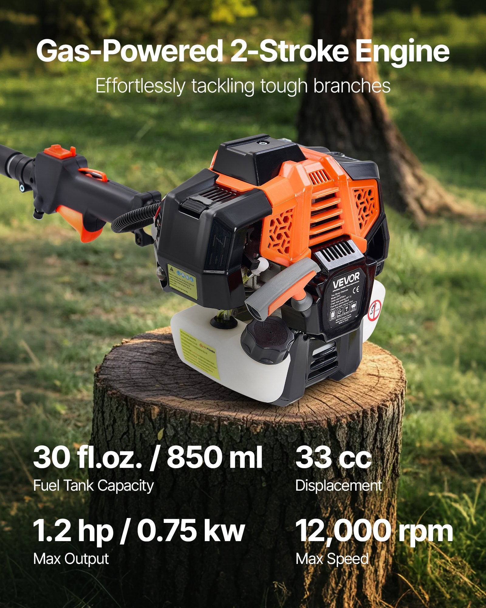 VEVOR Gas Pole Saw, 33CC 2 Stroke Gas Powered Pole Saws with 20.3 cm Cutting Bar, Cordless Tree Trimmer with 850ml Fuel Tank, 2 to 3.5 m Extendable, Powerful Chainsaw for Tree Trimming Pruning
