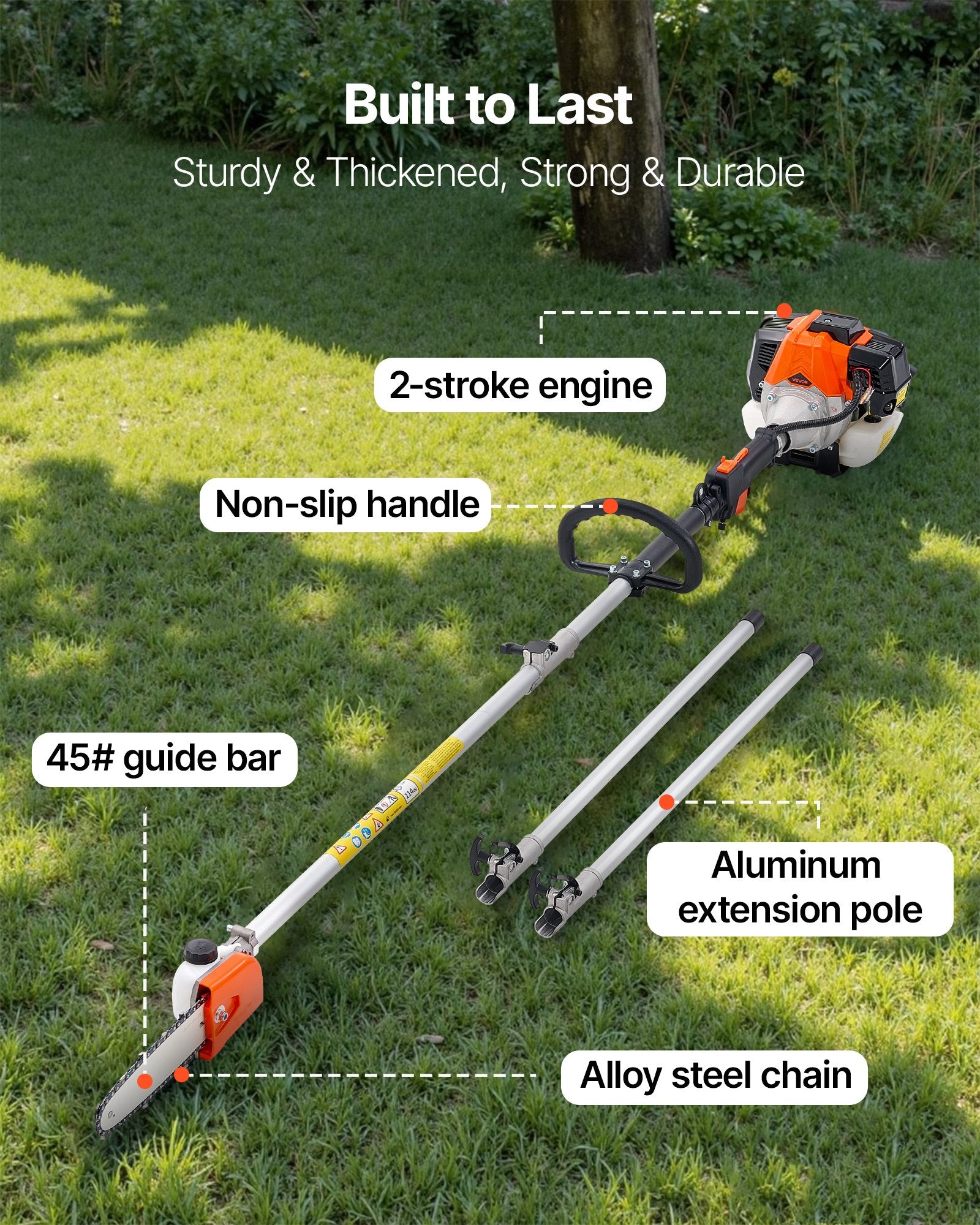 VEVOR Gas Pole Saw, 33CC 2 Stroke Gas Powered Pole Saws with 20.3 cm Cutting Bar, Cordless Tree Trimmer with 850ml Fuel Tank, 2 to 3.5 m Extendable, Powerful Chainsaw for Tree Trimming Pruning