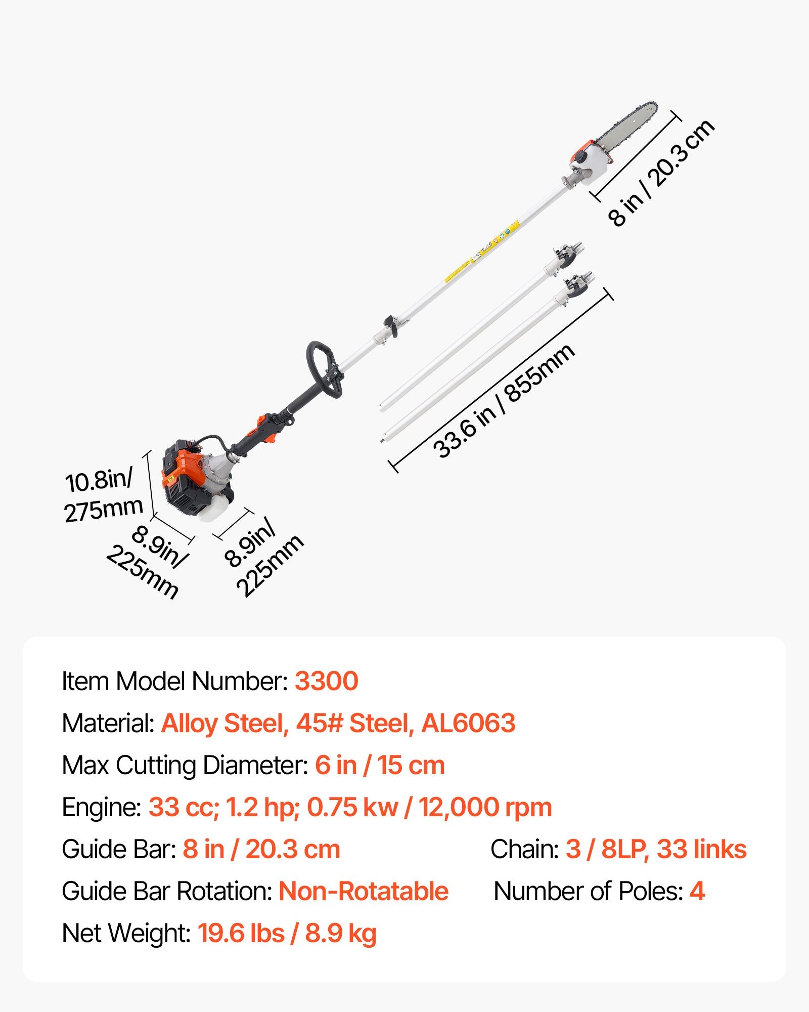VEVOR Gas Pole Saw, 33CC 2 Stroke Gas Powered Pole Saws with 20.3 cm Cutting Bar, Cordless Tree Trimmer with 850ml Fuel Tank, 2 to 3.5 m Extendable, Powerful Chainsaw for Tree Trimming Pruning