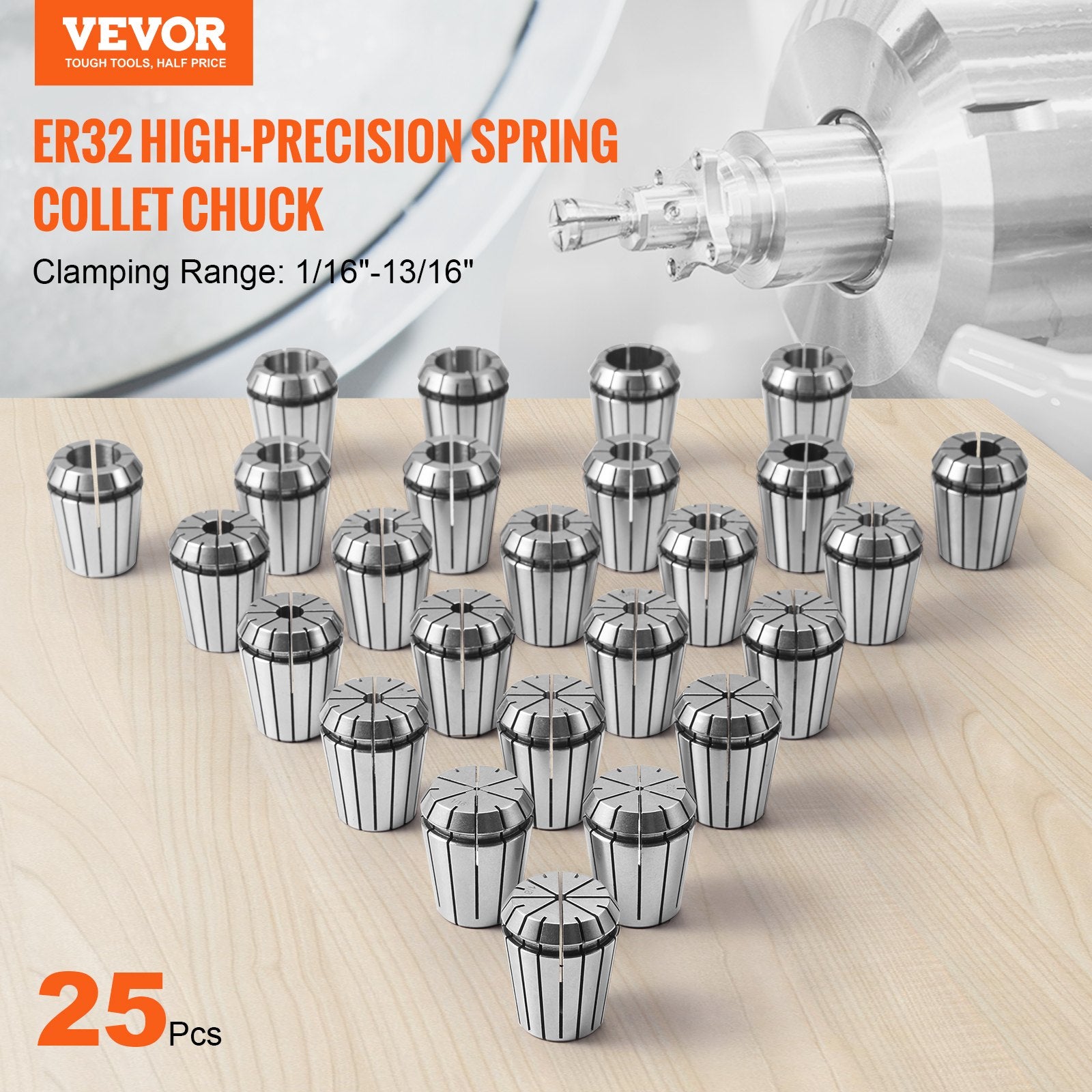 VEVOR 25 pcs ER32 Collet Set, 1/16''-13/16'', ER32 Spring Collet Chuck Set, 0.0006"/15 μm TIR Lathe Chuck Tool with 25 Labeled Storage Boxes, for CNC Engraving Machine Milling Lathe Tool Drill Press