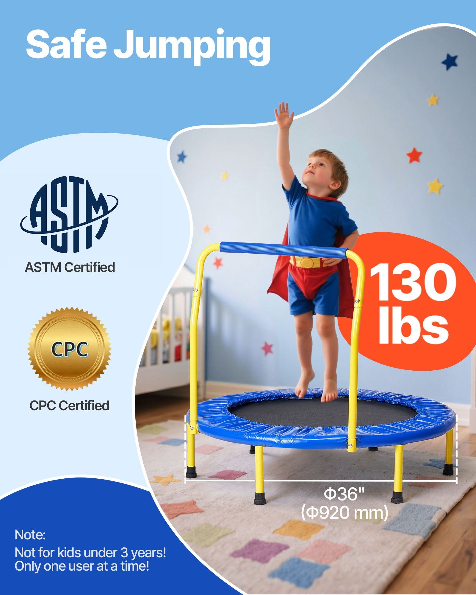 VEVOR 3FT Trampoline for Kids, 92 cm Trampolines Indoor/Outdoor Trampoline for Toddlers, Foldable Mini Baby Trampoline with Foam Handle, Recreational Trampoline Birthday Gift for 3+ Years Kids