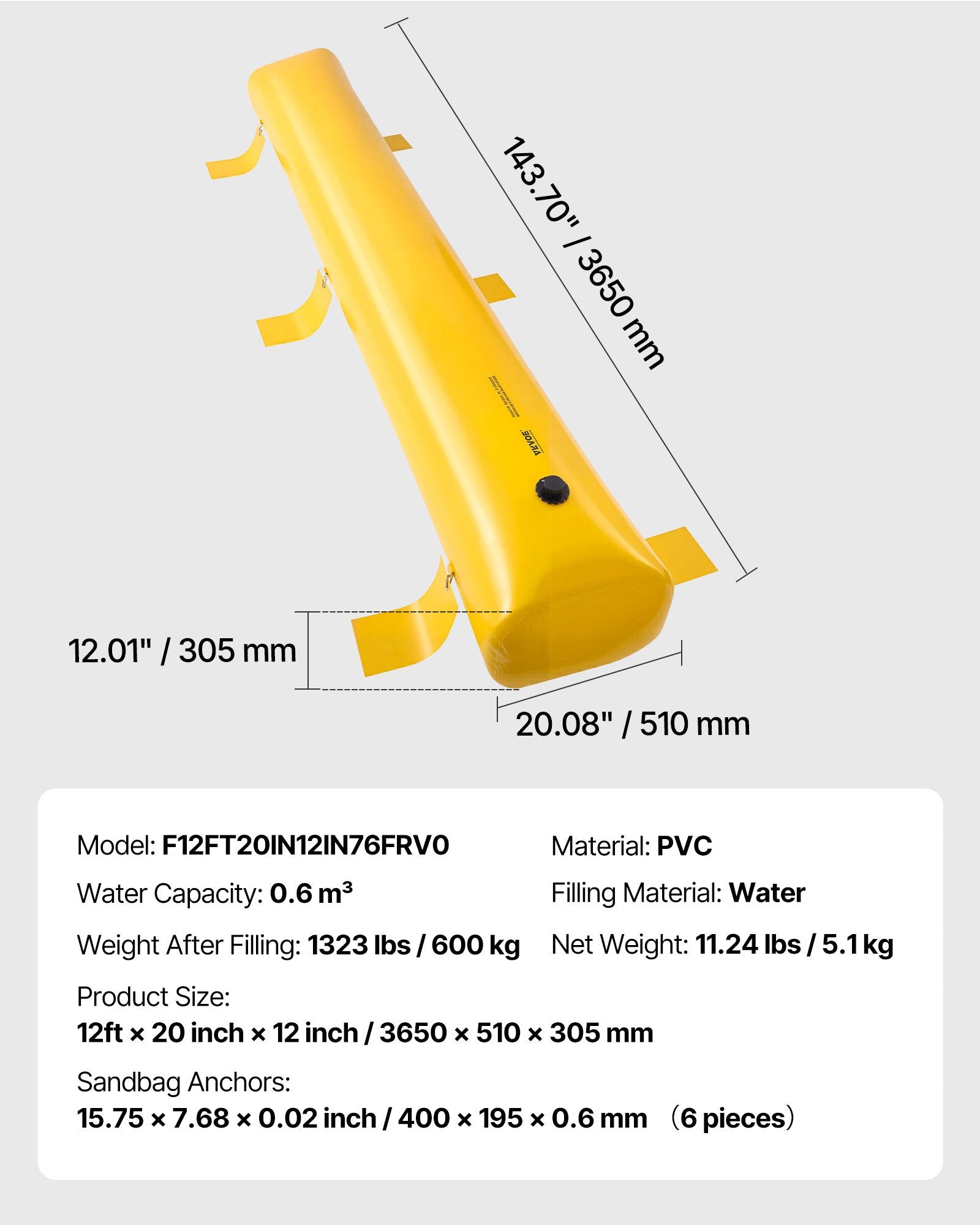 VEVOR Flood Barrier Hydro Barrier 12' Length x 12" Height for Water Diversion