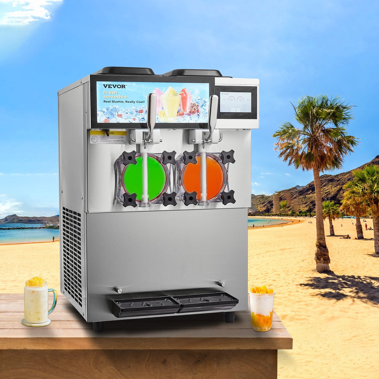 VEVOR Commercial Slushy Machine, 2 x 12L / 3.17 Gal Double Tanks, Cool and Freeze Modes, Stainless Steel Margarita Smoothie Frozen Drink Maker, Slushie Machine for Party Cafes Restaurants Bars Home