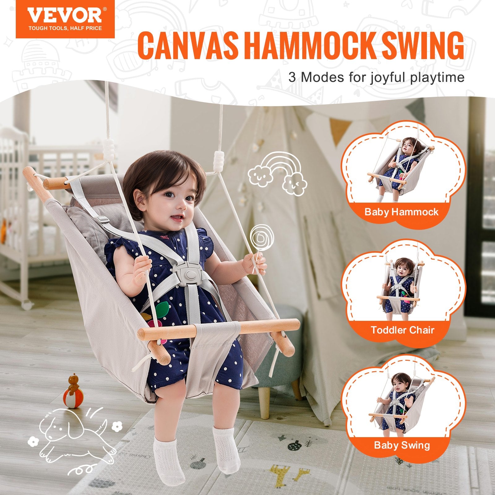 VEVOR Canvas Hammock Swing, 3 Modes Baby Swing Indoor and Outdoor with 5-Point Harness, and Tree Straps, 150lbs Weight Capacity, Integrated Cushion, Wooden Hanging Swing Seat for Baby to Toddler