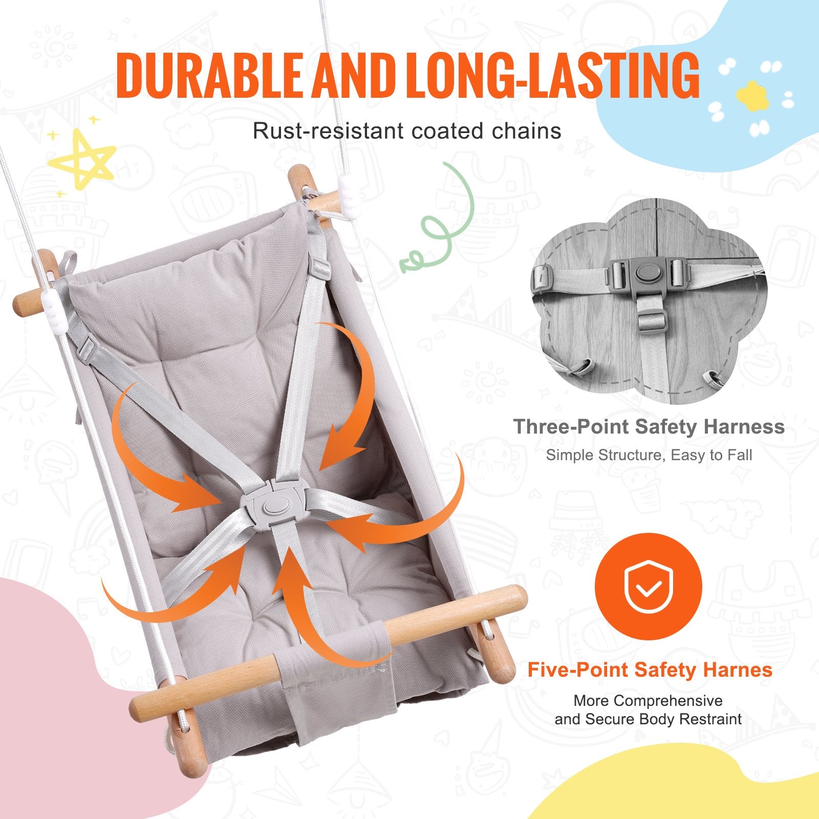 VEVOR Canvas Hammock Swing, 3 Modes Baby Swing Indoor and Outdoor with 5-Point Harness, and Tree Straps, 150lbs Weight Capacity, Integrated Cushion, Wooden Hanging Swing Seat for Baby to Toddler