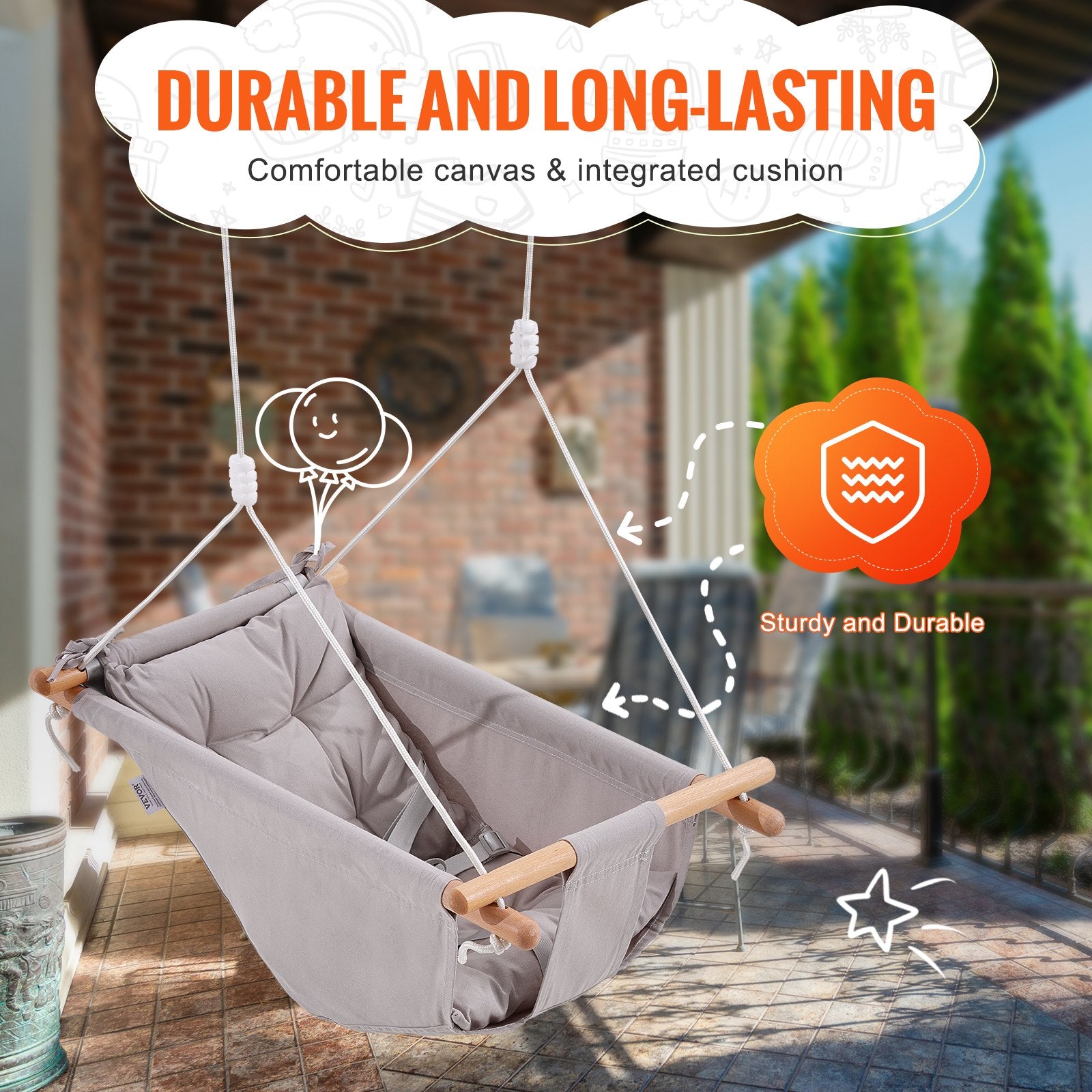 VEVOR Canvas Hammock Swing, 3 Modes Baby Swing Indoor and Outdoor with 5-Point Harness, and Tree Straps, 150lbs Weight Capacity, Integrated Cushion, Wooden Hanging Swing Seat for Baby to Toddler