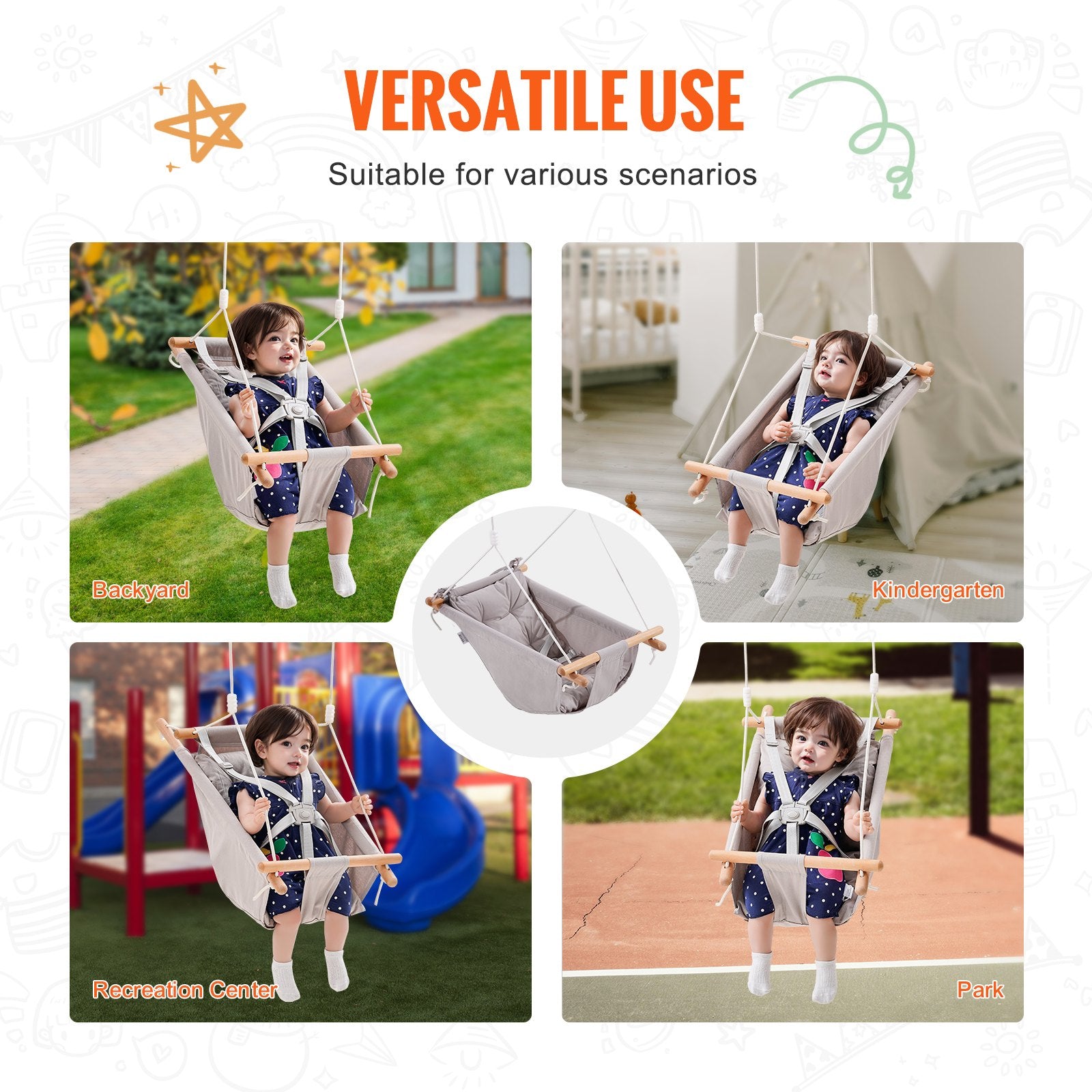 VEVOR Canvas Hammock Swing, 3 Modes Baby Swing Indoor and Outdoor with 5-Point Harness, and Tree Straps, 150lbs Weight Capacity, Integrated Cushion, Wooden Hanging Swing Seat for Baby to Toddler