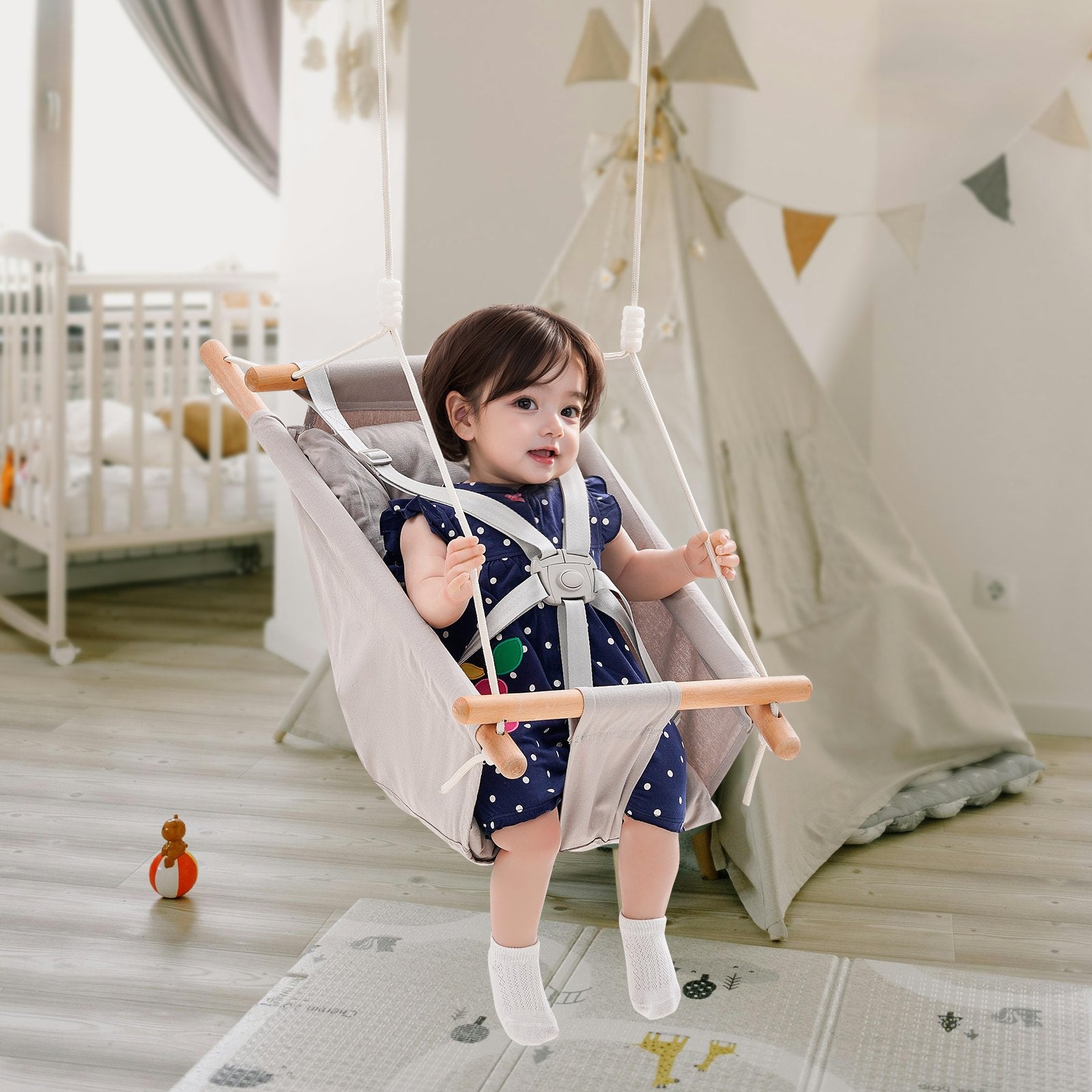 VEVOR Canvas Hammock Swing, 3 Modes Baby Swing Indoor and Outdoor with 5-Point Harness, and Tree Straps, 150lbs Weight Capacity, Integrated Cushion, Wooden Hanging Swing Seat for Baby to Toddler