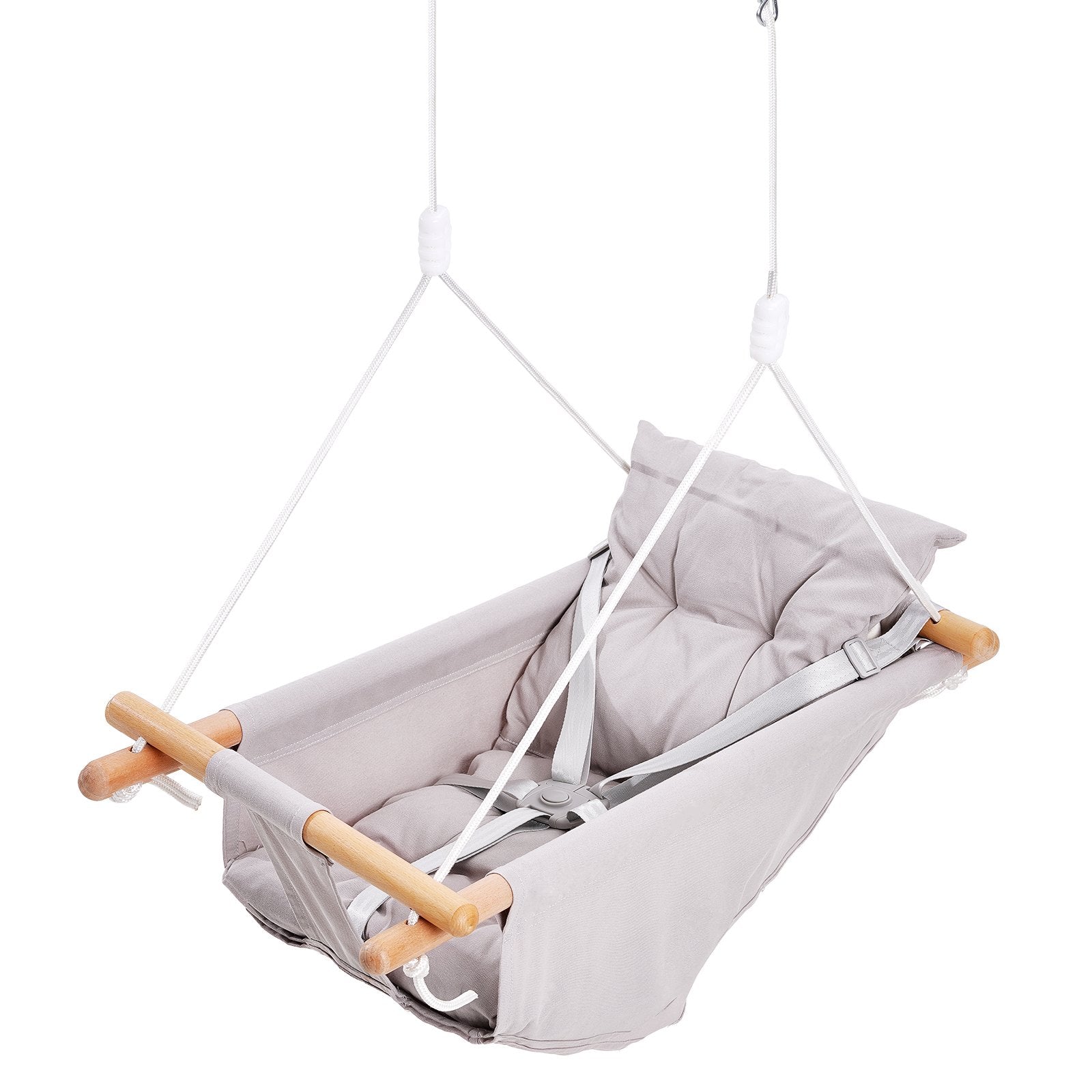 VEVOR Canvas Hammock Swing, 3 Modes Baby Swing Indoor and Outdoor with 5-Point Harness, and Tree Straps, 150lbs Weight Capacity, Integrated Cushion, Wooden Hanging Swing Seat for Baby to Toddler