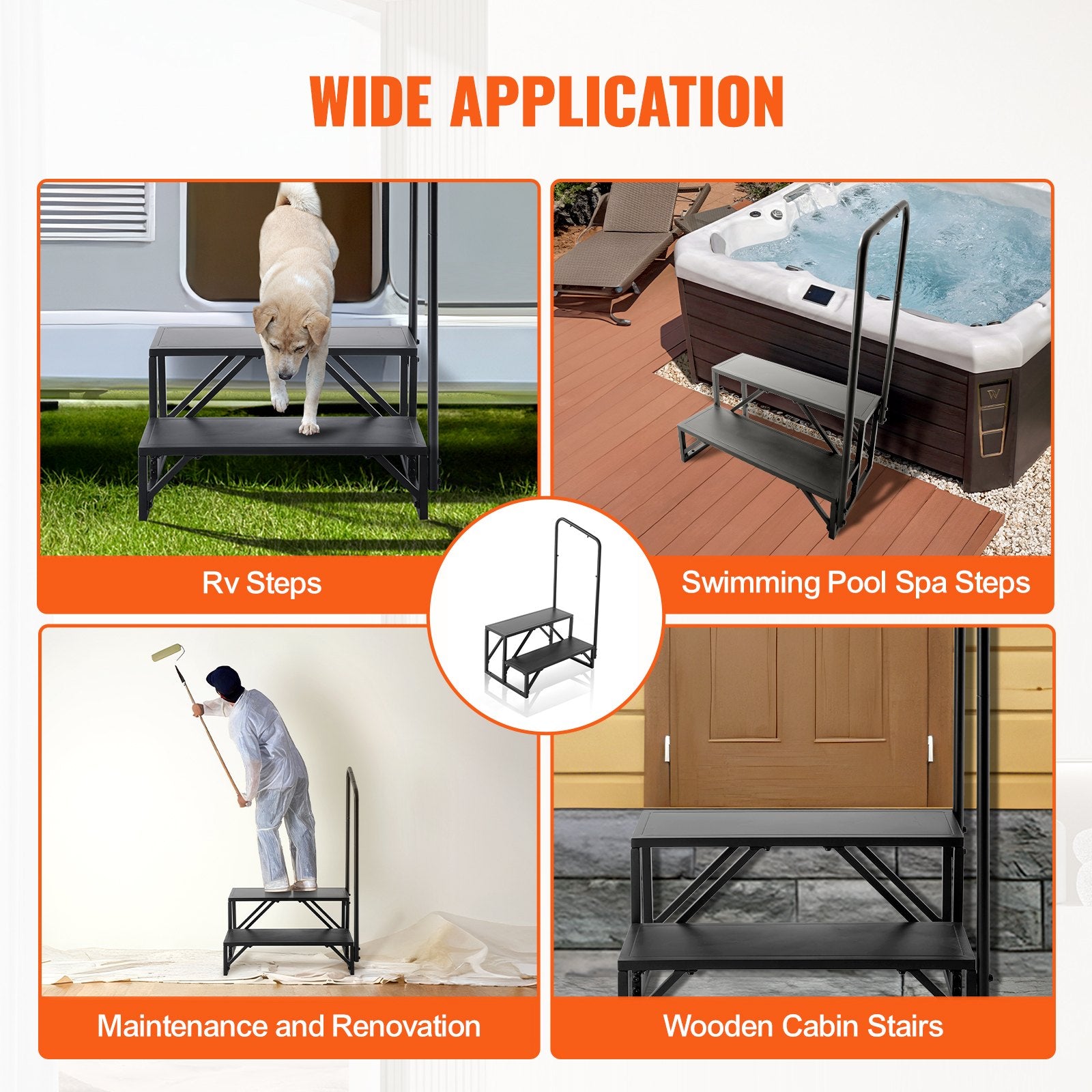 VEVOR RV Steps, 2-Step RV Stairs, 199.58KGS Load Capacity, Thickened Carbon Steel, With Handrail, Non-Slip Steps for Safe Entry and Exit, Suit for RV, Trailer, Camper Steps
