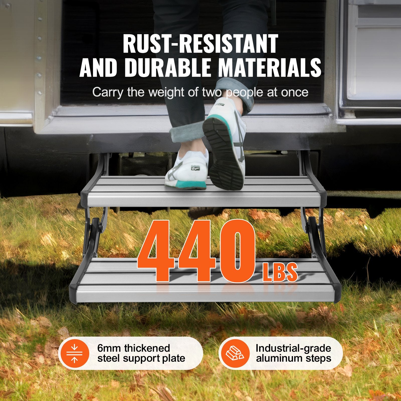 VEVOR RV Steps, 2-Step, Manual Retractable RV Stairs, Foldable, 440 LBS Load Capacity, Aluminum Alloy Steps, Thickened Steel Plate, Non-Slip Steps for Safe Entry and Exit, RV, Trailer, Camper Steps