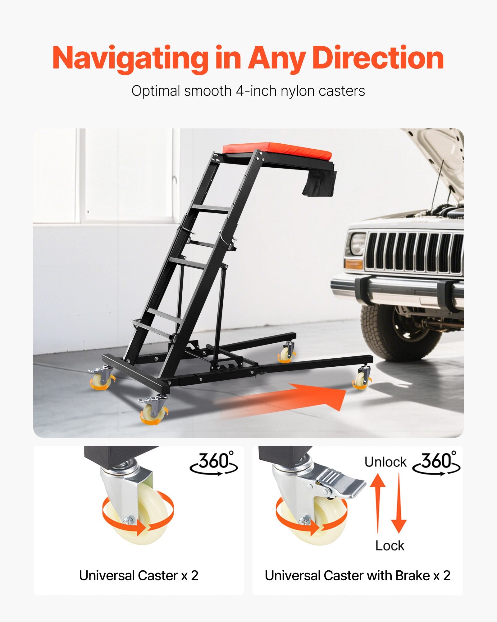VEVOR Automotive Topside Creeper, Engine Creeper 42.5"-64.8", 181.44KGS Capacity High Top Creeper, 4 Swivel Caster Wheels, Padded Deck, Creeper for Home Garage, Workshop Repair Maintenance