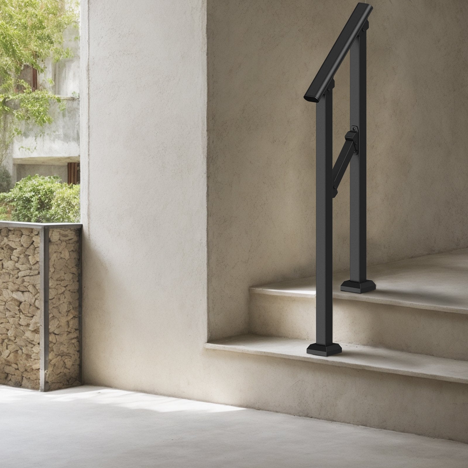 VEVOR Handrails for Outdoor Steps, 1-2 Step Stair Hand Rail Kit, Transitional Carbon Steel Railings with Installation Kit, Stair Rails for Seniors, Concrete Steps & Porch & Deck, Black Square Tube