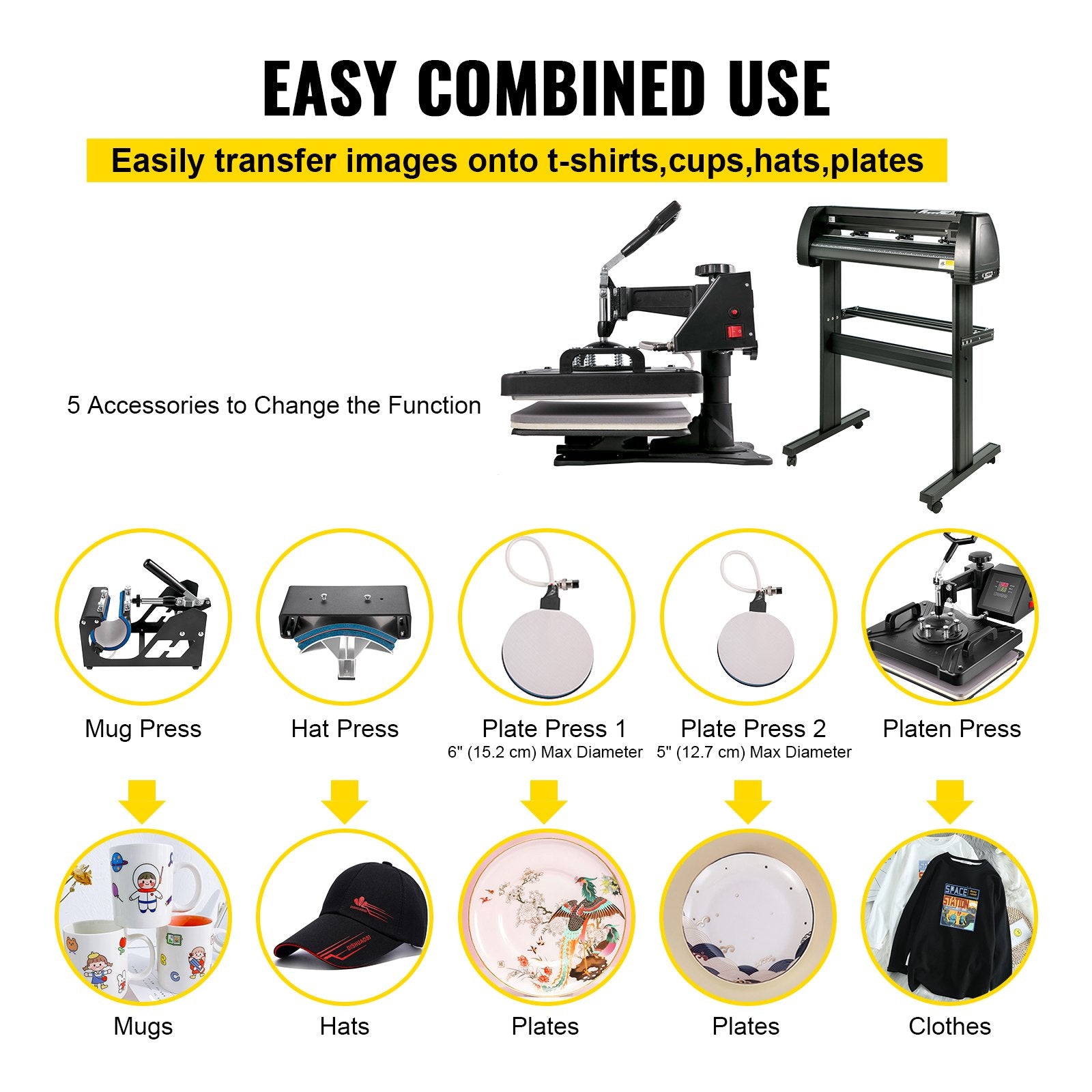 VEVOR 5 In1 12" X 15" 30 X 38cm Heat Transfer Press + 28 Inch Vinyl Cutter Machine Kit Software