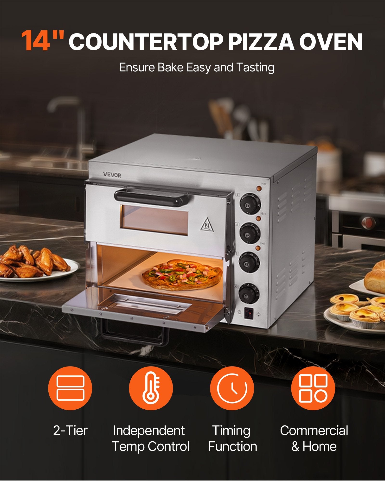 VEVOR Commercial Pizza Oven Countertop, 14-Inch Double Deck Layer, Stainless Steel Electric Pizza Oven with Stone and Handle, Multipurpose Indoor Pizza Maker for Restaurant Home Pretzels Baked