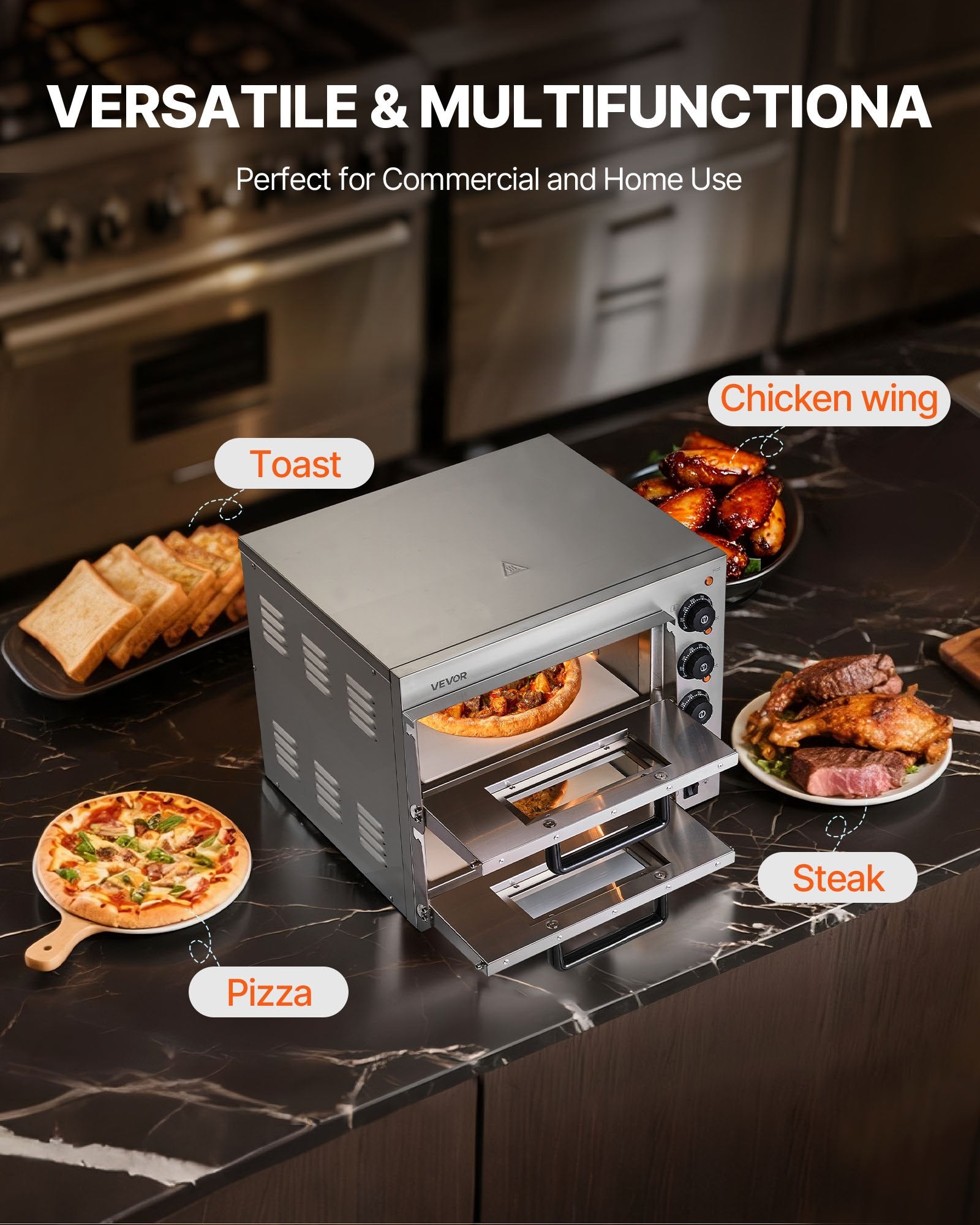 VEVOR Commercial Pizza Oven Countertop, 14-Inch Double Deck Layer, Stainless Steel Electric Pizza Oven with Stone and Handle, Multipurpose Indoor Pizza Maker for Restaurant Home Pretzels Baked