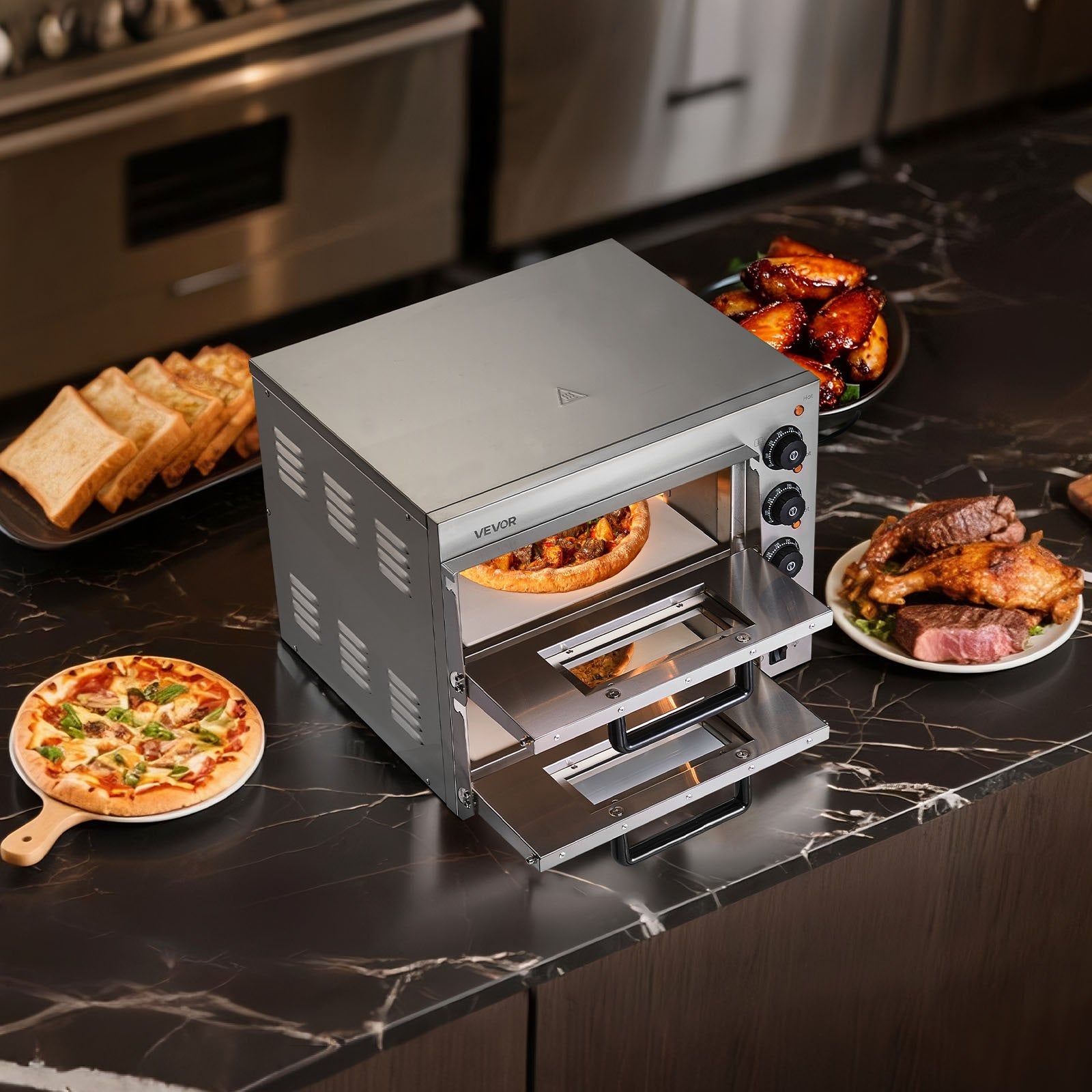 VEVOR Commercial Pizza Oven Countertop, 14-Inch Double Deck Layer, Stainless Steel Electric Pizza Oven with Stone and Handle, Multipurpose Indoor Pizza Maker for Restaurant Home Pretzels Baked