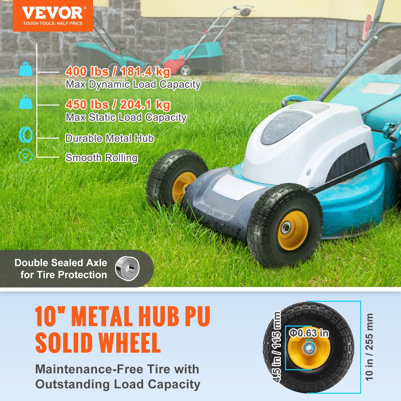 VEVOR Solid PU Run-Flat Tire Wheel, 254 mm, 2-Pack, 181.4 kg Dynamic Load, 204.1 kg Static Load, Flat Free Tubeless Tires and Wheels for Hand Truck, Utility Cart, Dolly, Garden Trailer, Various Carts