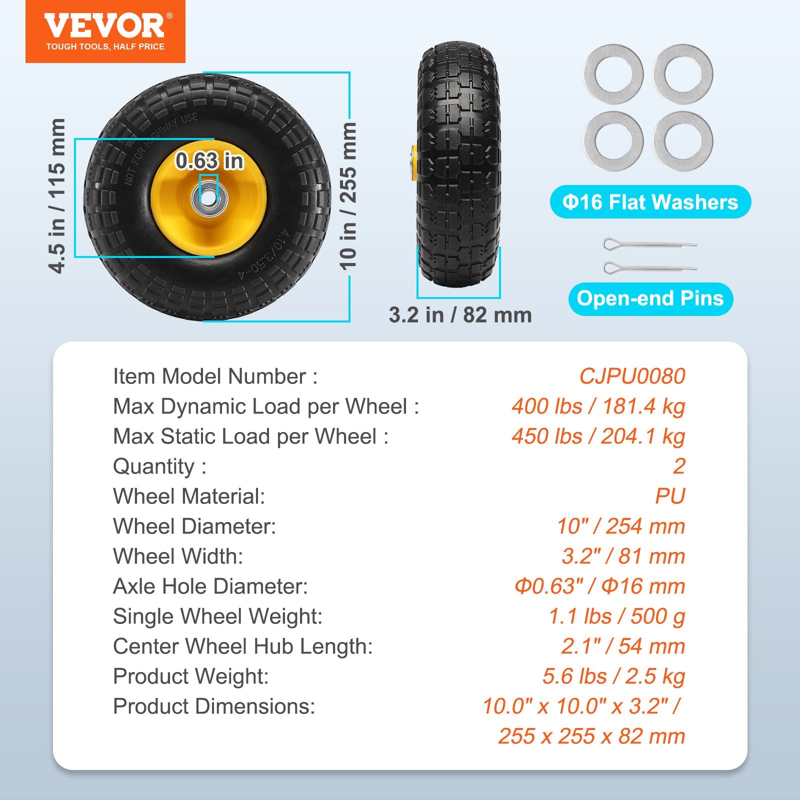 VEVOR Solid PU Run-Flat Tire Wheel, 254 mm, 2-Pack, 181.4 kg Dynamic Load, 204.1 kg Static Load, Flat Free Tubeless Tires and Wheels for Hand Truck, Utility Cart, Dolly, Garden Trailer, Various Carts