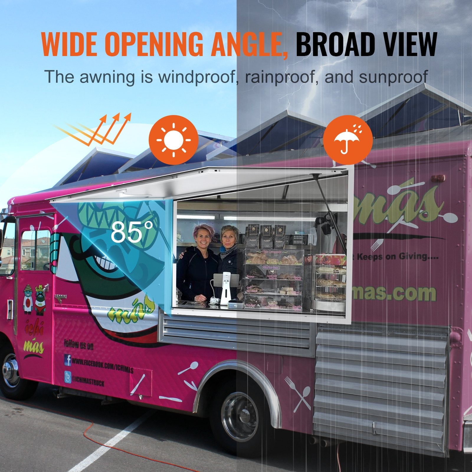 VEVOR Concession Window 91x91cm, Aluminum Alloy Food Truck Service Window with Awning Door & Drag Hook, Up to 85 Degrees Stand Serving Window for Food Trucks Concession Trailers, Glass Not Included