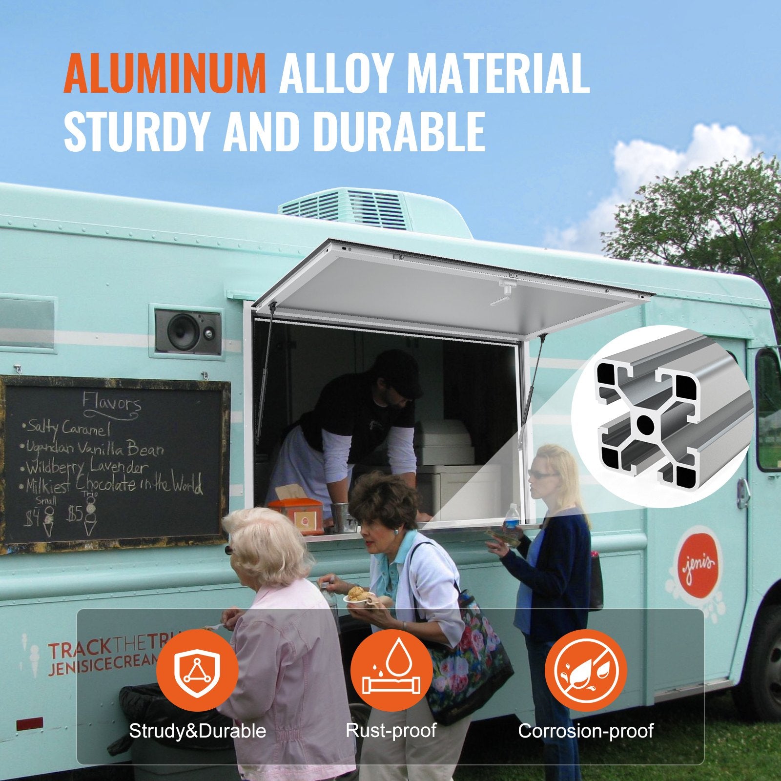 VEVOR Concession Window 91x91cm, Aluminum Alloy Food Truck Service Window with Awning Door & Drag Hook, Up to 85 Degrees Stand Serving Window for Food Trucks Concession Trailers, Glass Not Included