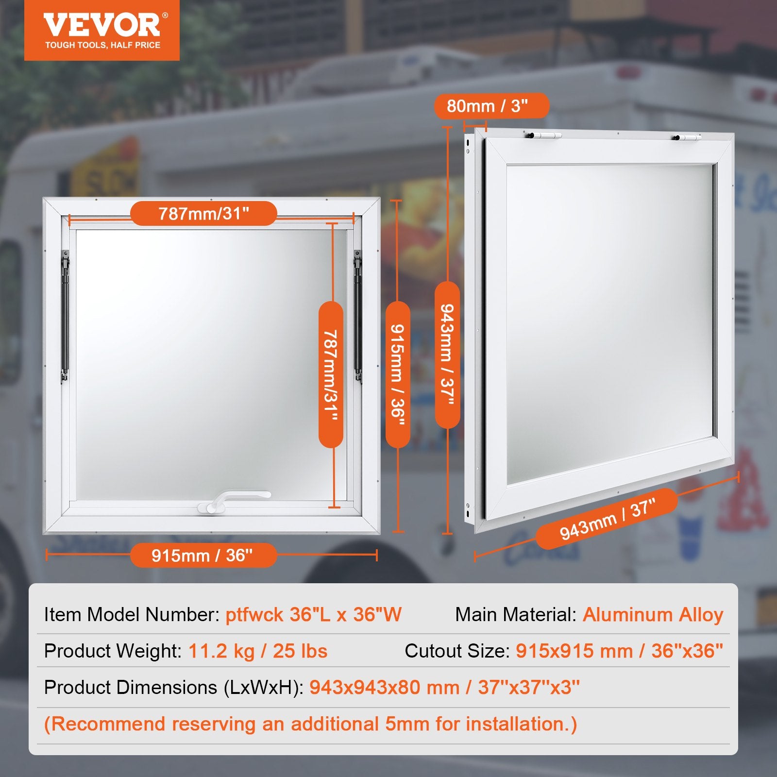 VEVOR Concession Window 91x91cm, Aluminum Alloy Food Truck Service Window with Awning Door & Drag Hook, Up to 85 Degrees Stand Serving Window for Food Trucks Concession Trailers, Glass Not Included