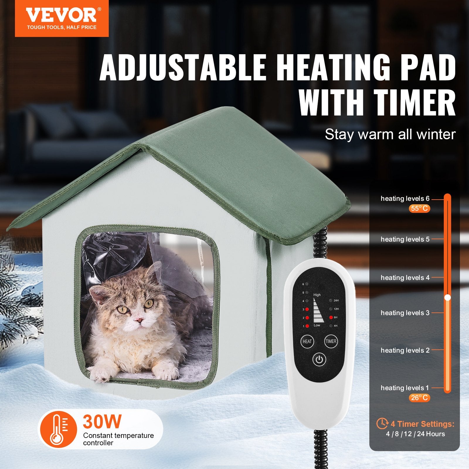 VEVOR Elevated Heated Cat House, Outdoor Kitty Shelter with Timer, 600D Oxford Cloth Foldable Cat Shelter with Heated Pad for Winter to Stay Warm and Cozy, Green Small