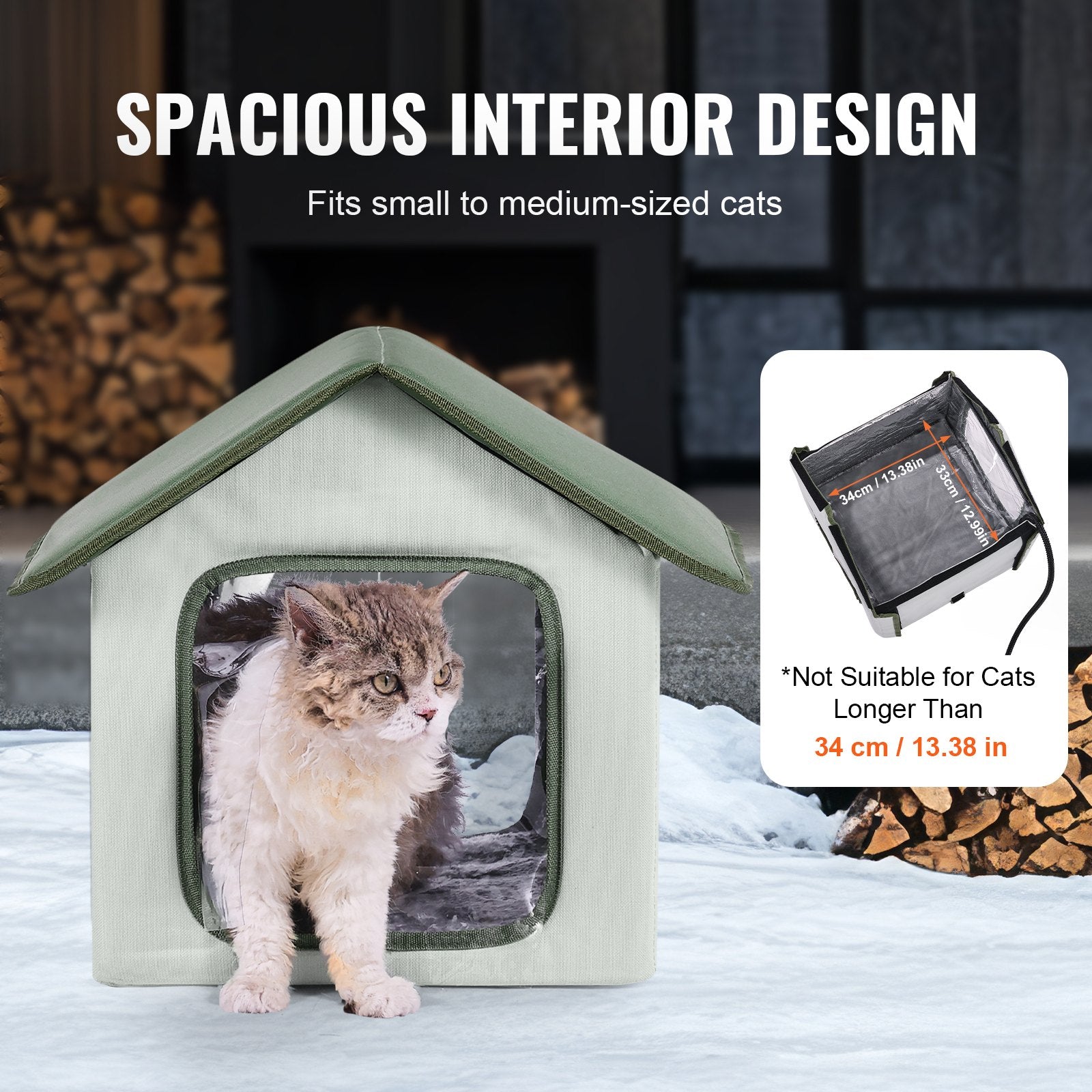 VEVOR Elevated Heated Cat House, Outdoor Kitty Shelter with Timer, 600D Oxford Cloth Foldable Cat Shelter with Heated Pad for Winter to Stay Warm and Cozy, Green Small
