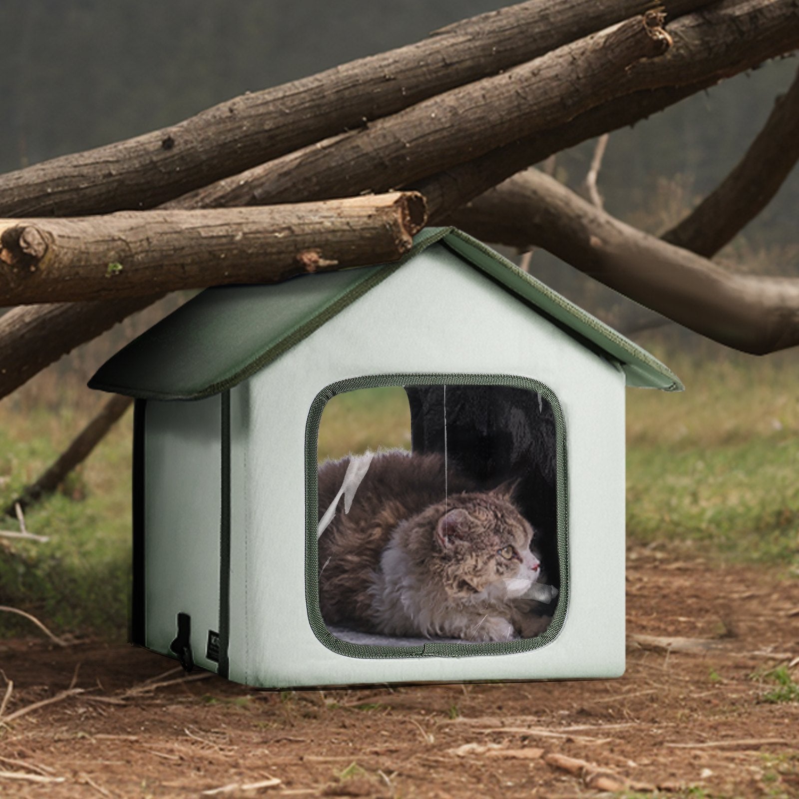 VEVOR Elevated Heated Cat House, Outdoor Kitty Shelter with Timer, 600D Oxford Cloth Foldable Cat Shelter with Heated Pad for Winter to Stay Warm and Cozy, Green Small