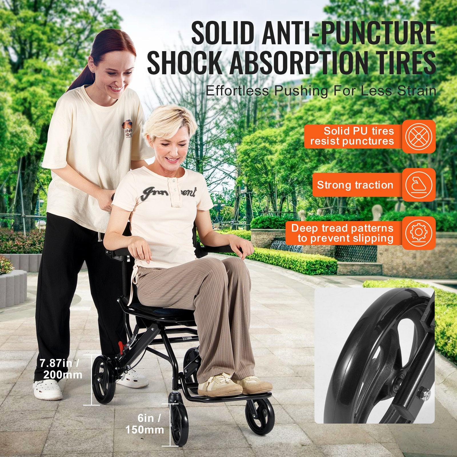 VEVOR Wheelchair, Aluminum Alloy Ultra-Lightweight Transport Chair for Adults, Foldable Cabin Wheelchair with Flip-Back Desk-Length Arms, Self-locking Brake, 15.75-Inch Wide Seat, 220lbs Load