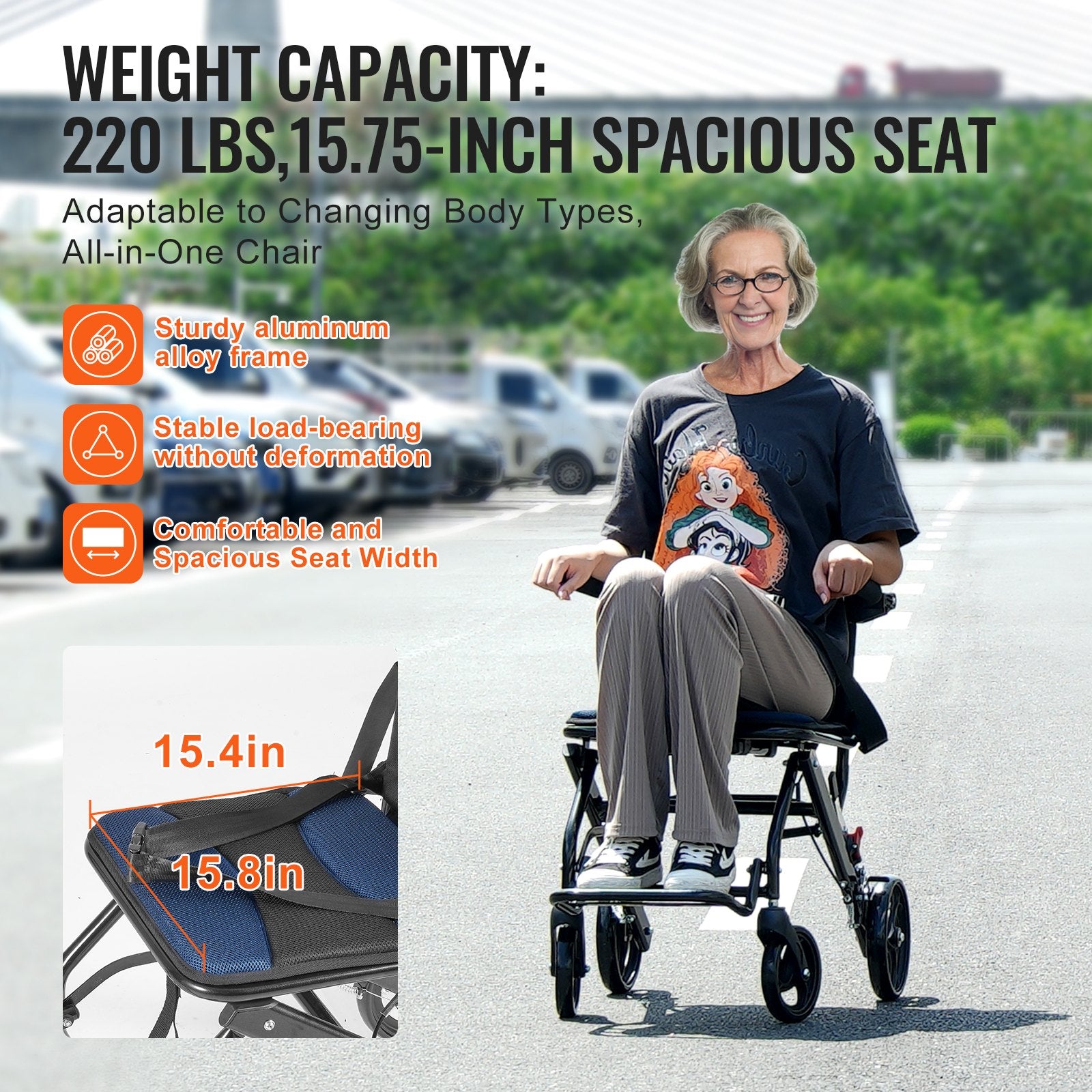 VEVOR Wheelchair, Aluminum Alloy Ultra-Lightweight Transport Chair for Adults, Foldable Cabin Wheelchair with Flip-Back Desk-Length Arms, Self-locking Brake, 15.75-Inch Wide Seat, 220lbs Load