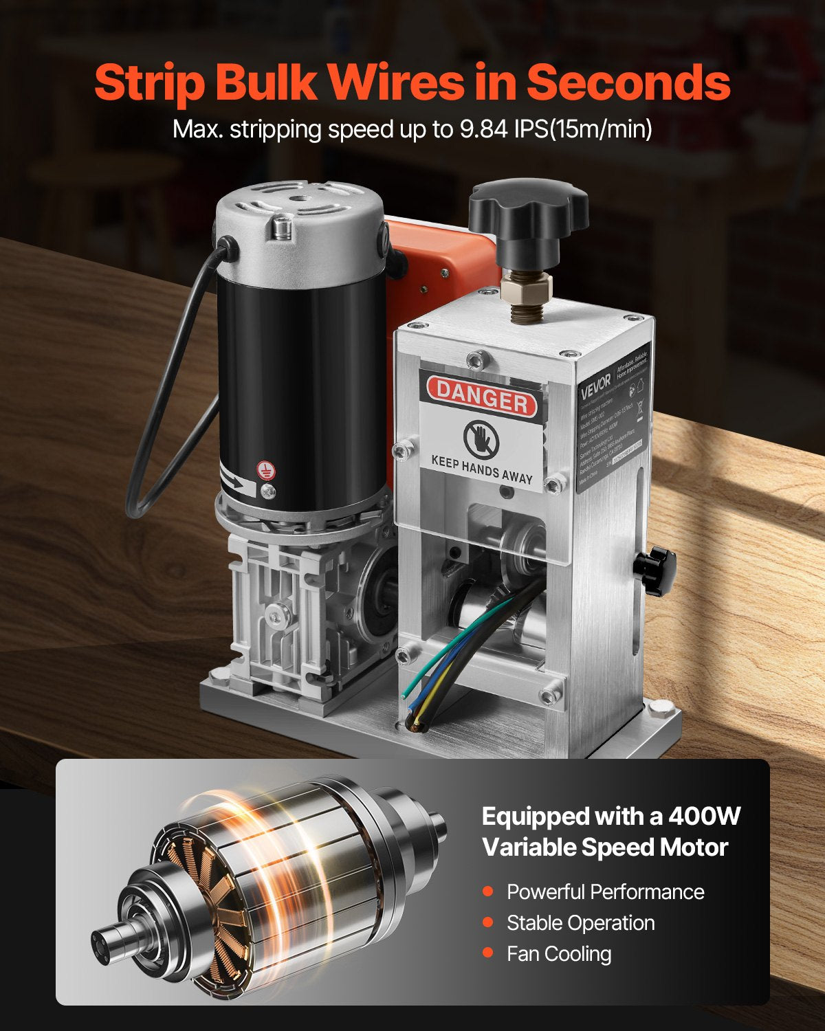 VEVOR Electric Wire Stripping Machine, 1.5-40 mm, 400W Automatic Motorized Cable Stripper, 9.84 IPS 15 m/min Wire Peeler with Alloy Blades, V-Shaped Rollers, Cooling Fan, for Scrap Copper Recycling