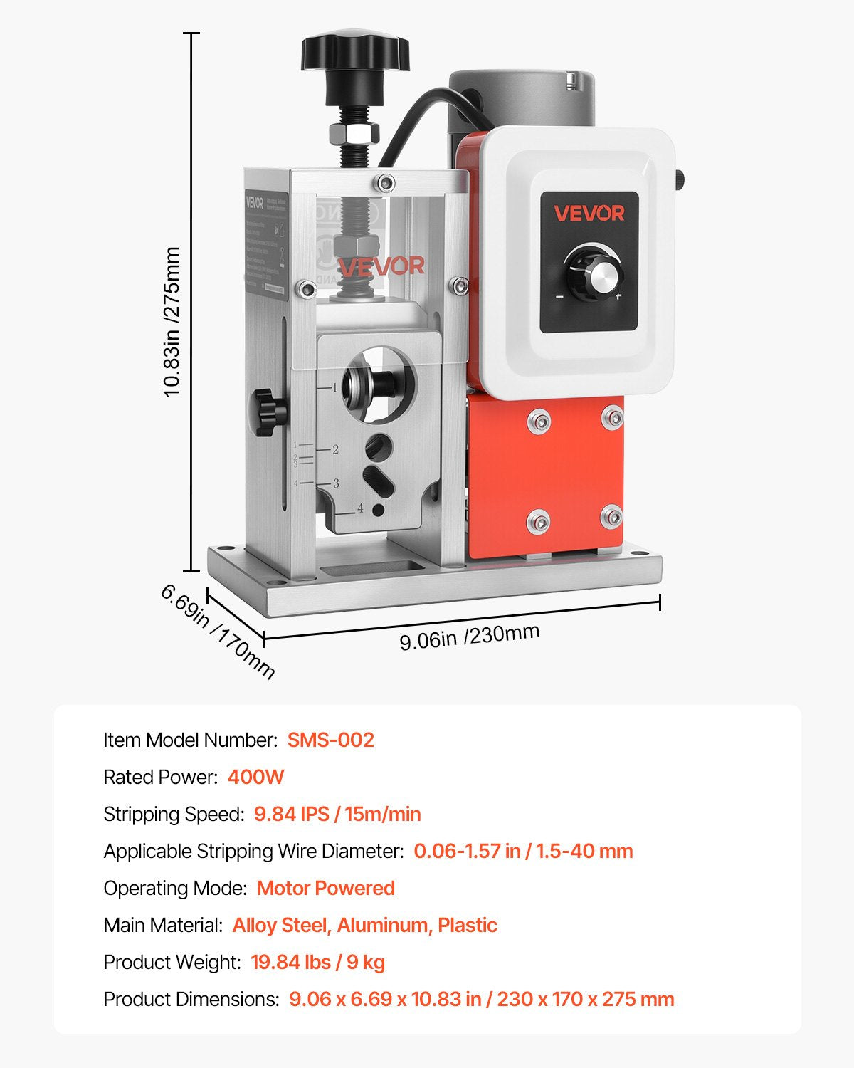 VEVOR Electric Wire Stripping Machine, 1.5-40 mm, 400W Automatic Motorized Cable Stripper, 9.84 IPS 15 m/min Wire Peeler with Alloy Blades, V-Shaped Rollers, Cooling Fan, for Scrap Copper Recycling