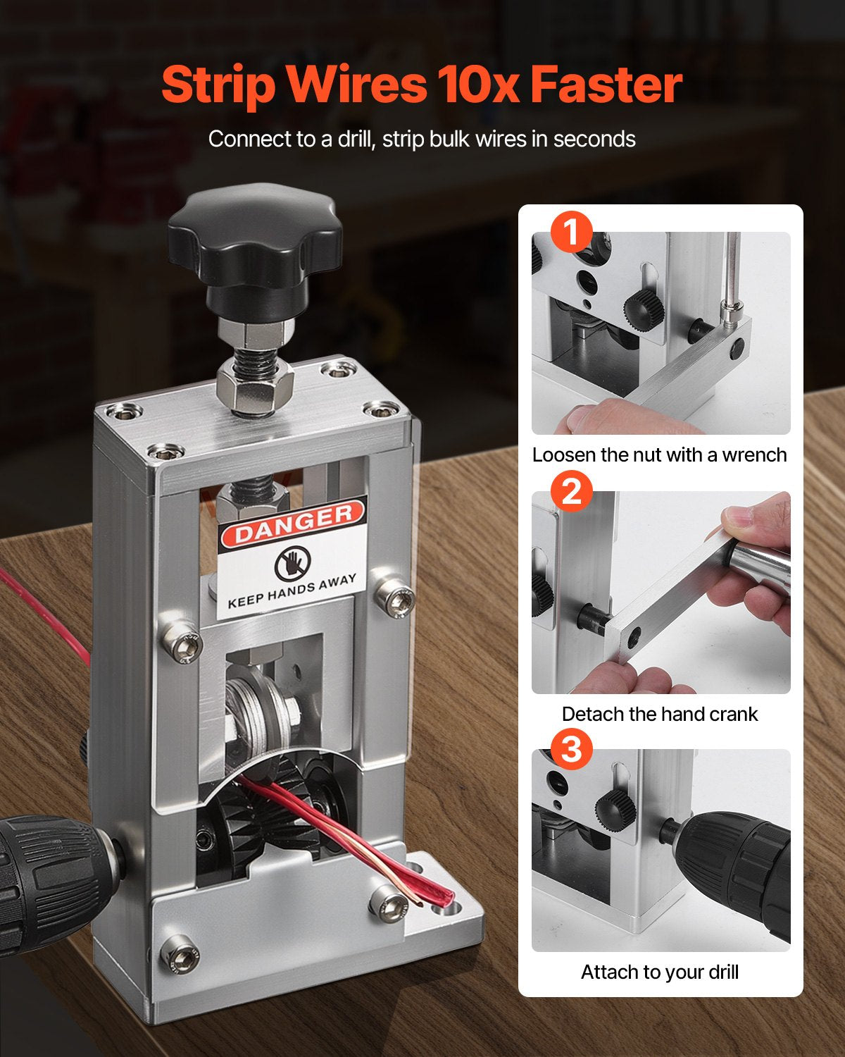 VEVOR Manual Wire Stripping Machine, 1.5-25 mm, Copper Stripper with Hand Crank or Drill Powered, 64Mn Quenched Blades, 45# Steel Rollers, Aluminum Alloy Frame Wire Peeler, for Scrap Copper Recycling