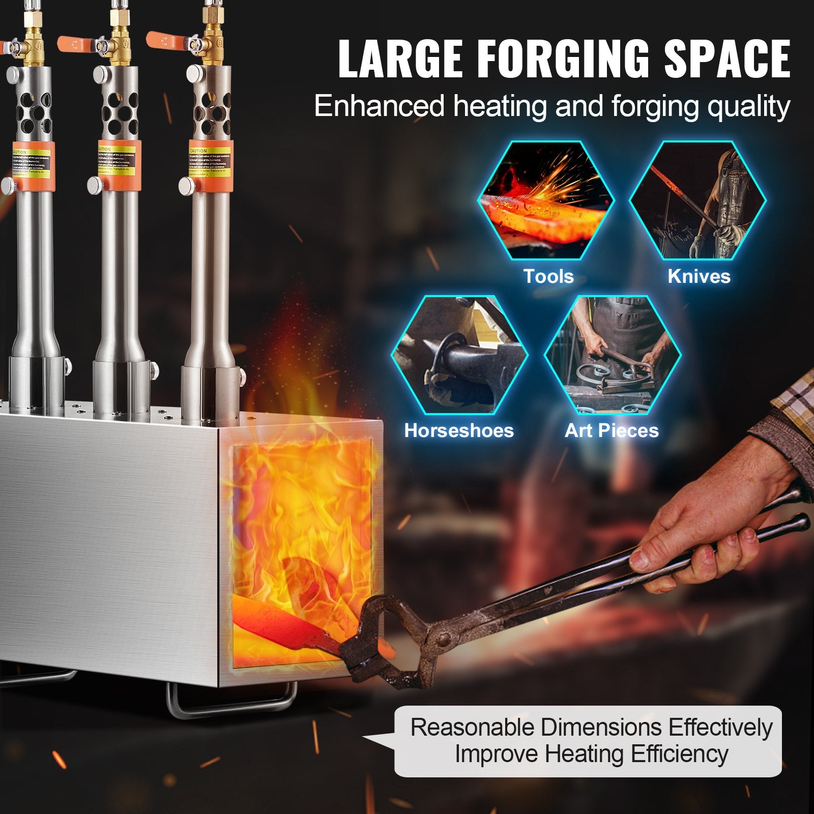 VEVOR Portable Propane Forge, 3 Burner Farrier Forge, 2600℉ Tool and Knife Making Blacksmithing Gas Forge, Large Capacity Square Stainless Steel Gas Forging Tools and Equipment for Metal Forging