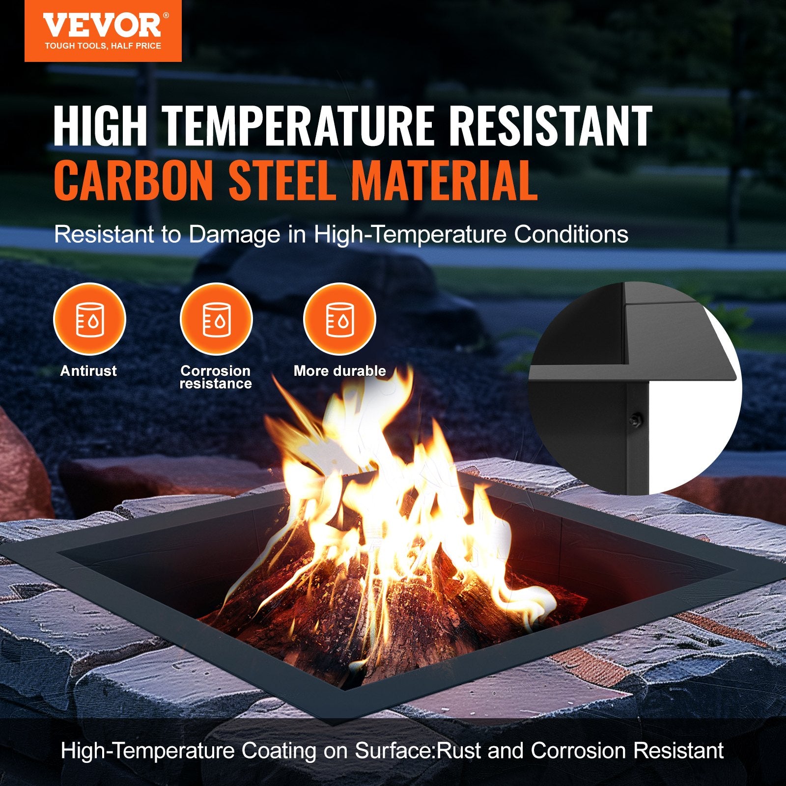 VEVOR Fire Pit Ring, 42x42 in Outer/36x36 in Inner Diameter, 10inch Height Square Fire Pit Insert, Heavy Duty Carbon Steel Liner DIY Campfire Ring above or In-Ground, for Outdoor Camping, Bonfires