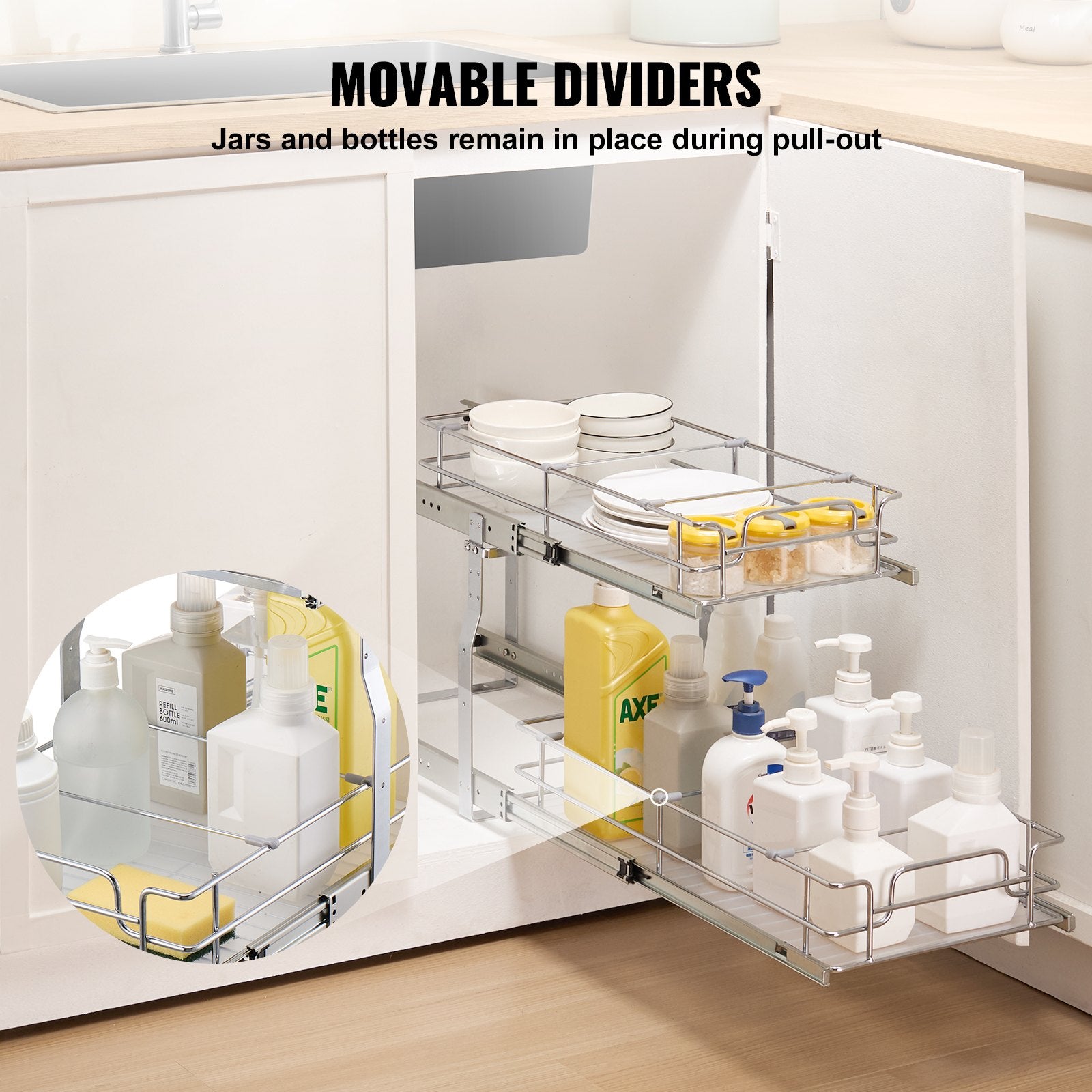 VEVOR 12"Wx21"Dx15"H Pull Out Cabinet Organizer, Heavy Duty Slide Out Pantry Shelves, Steel Roll Out Drawers, Sliding Drawer Storage for Home Under Sink, 13.5"Wx22"Dx18"H Install Size for Cabinet