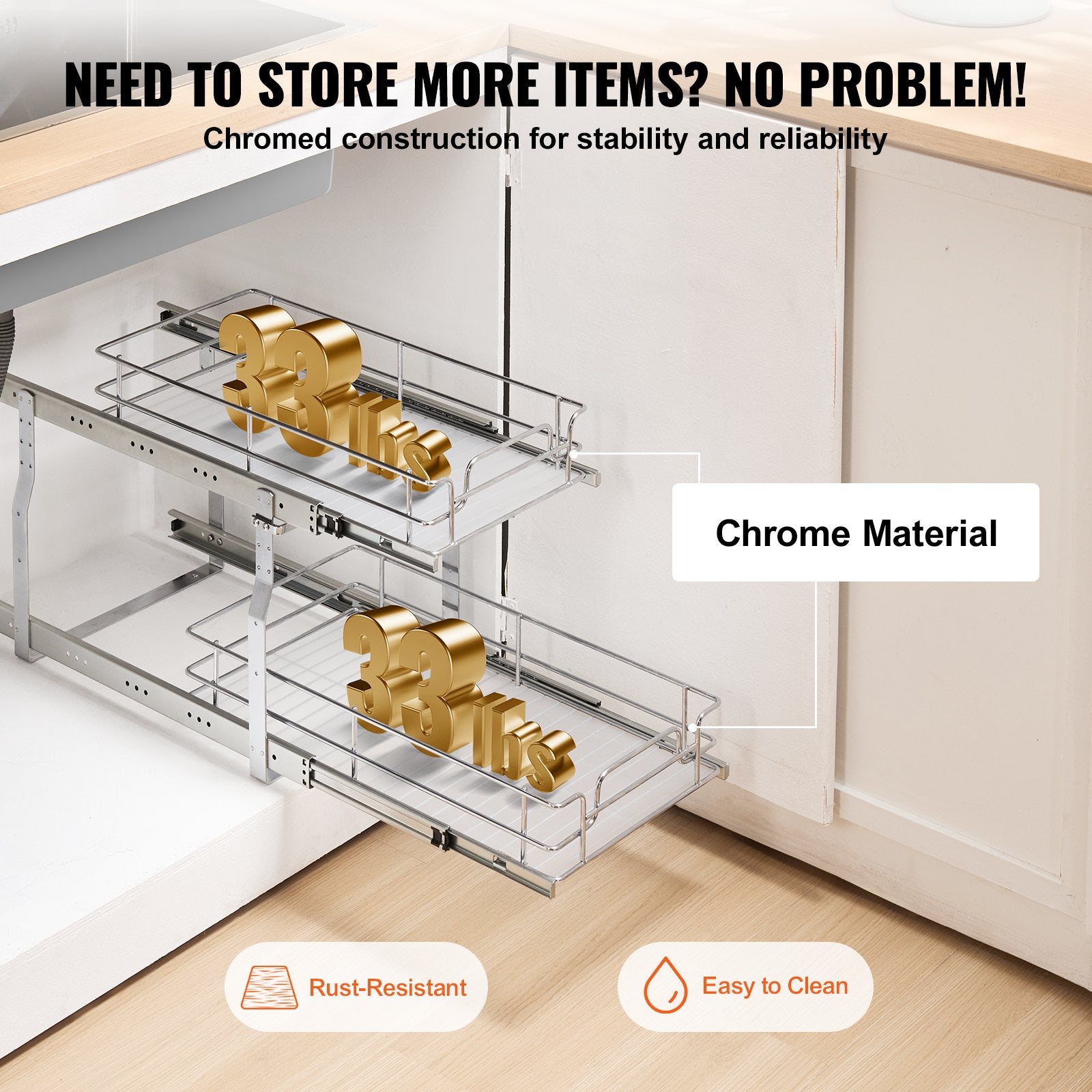 VEVOR 12"Wx21"Dx15"H Pull Out Cabinet Organizer, Heavy Duty Slide Out Pantry Shelves, Steel Roll Out Drawers, Sliding Drawer Storage for Home Under Sink, 13.5"Wx22"Dx18"H Install Size for Cabinet