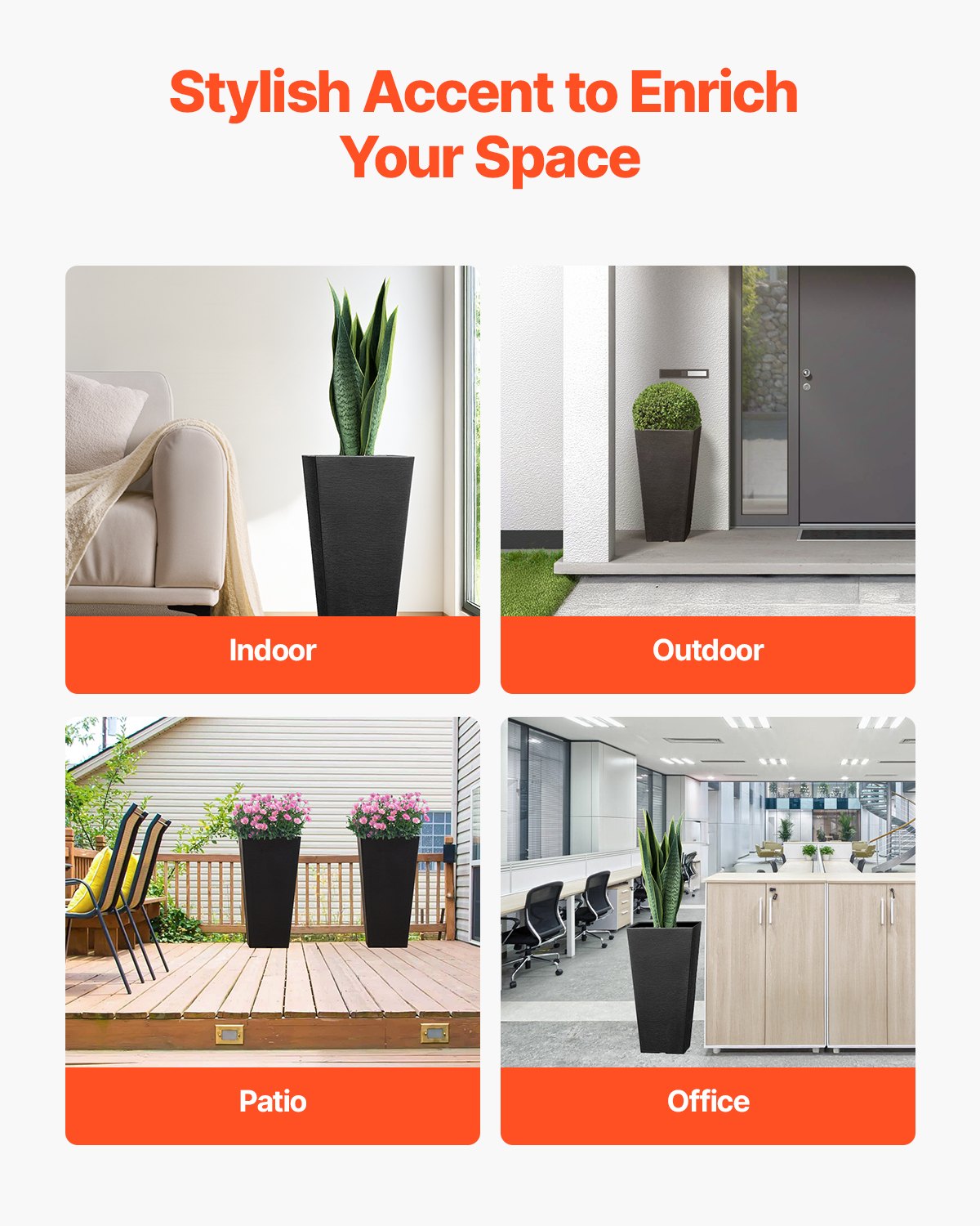 VEVOR Tall Planter, Set of 2 Tall Square Tapered Planters, 57 cm Large Modern Gardening and Flower Plastic Pots, Decorative Tall Black Planter with Drainage Hole, for Porch, Patio, Indoor & Outdoor