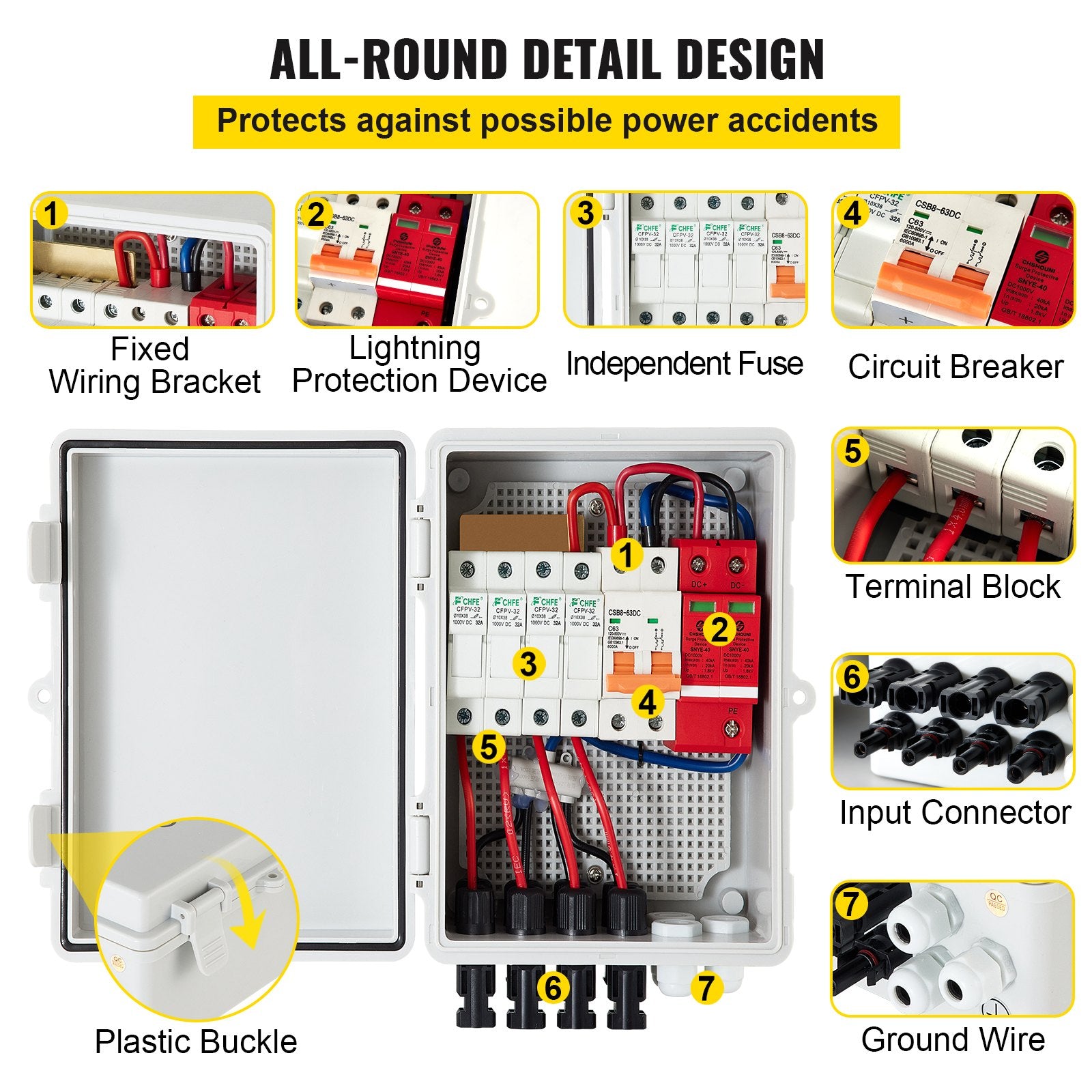 VEVOR PV Combiner Box, 4 String with 15A Rated Current Fuse, 63A Circuit Breaker, Lightning Arreste Connector for On/Off Grid Solar Panel System, IP65