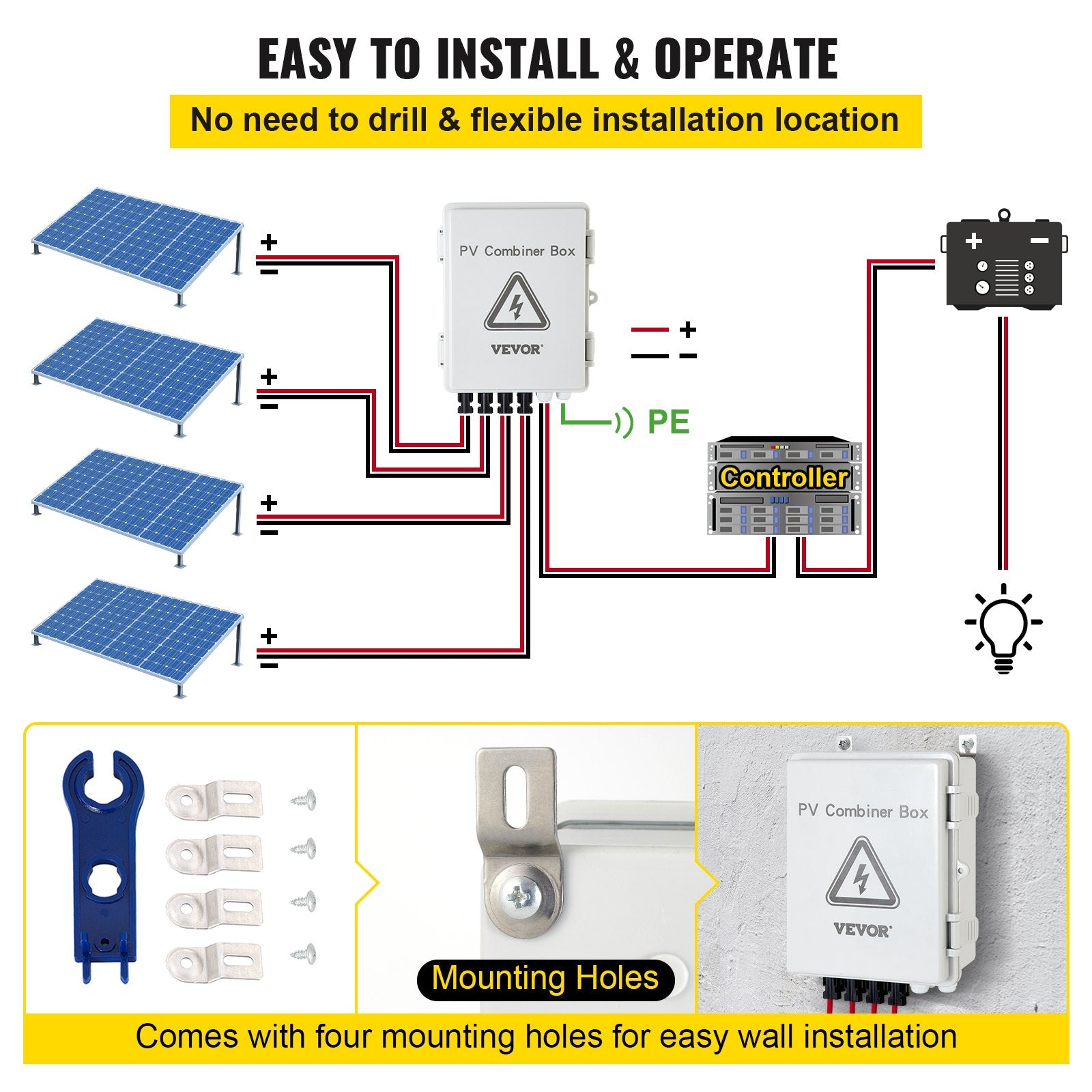 VEVOR PV Combiner Box, 4 String with 15A Rated Current Fuse, 63A Circuit Breaker, Lightning Arreste Connector for On/Off Grid Solar Panel System, IP65