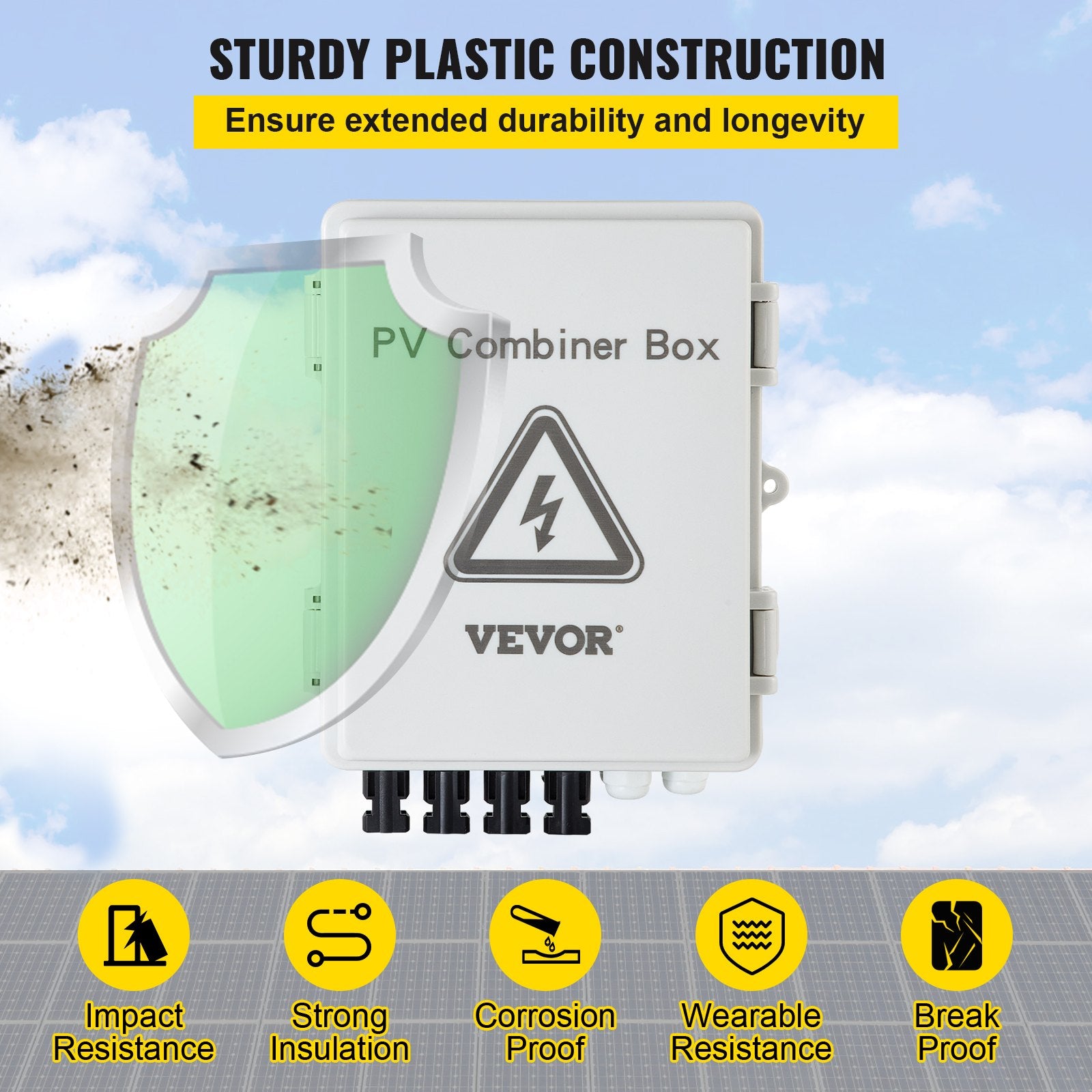 VEVOR PV Combiner Box, 4 String with 15A Rated Current Fuse, 63A Circuit Breaker, Lightning Arreste Connector for On/Off Grid Solar Panel System, IP65